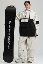 Women's White & Black Asym-Zip Snow Jacket Utility Pocket Waterproof Ski Jacket - Gsou Snow