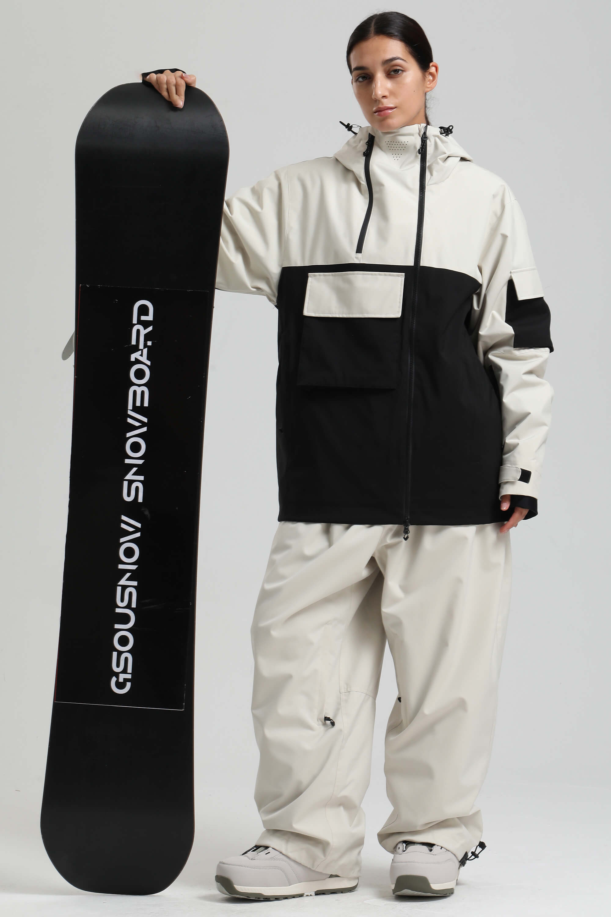 Women's White & Black Asym-Zip Snow Jacket Utility Pocket Waterproof Ski Jacket - Gsou Snow