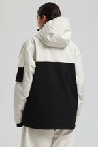 Women's White & Black Asym-Zip Snow Jacket Utility Pocket Waterproof Ski Jacket - Gsou Snow