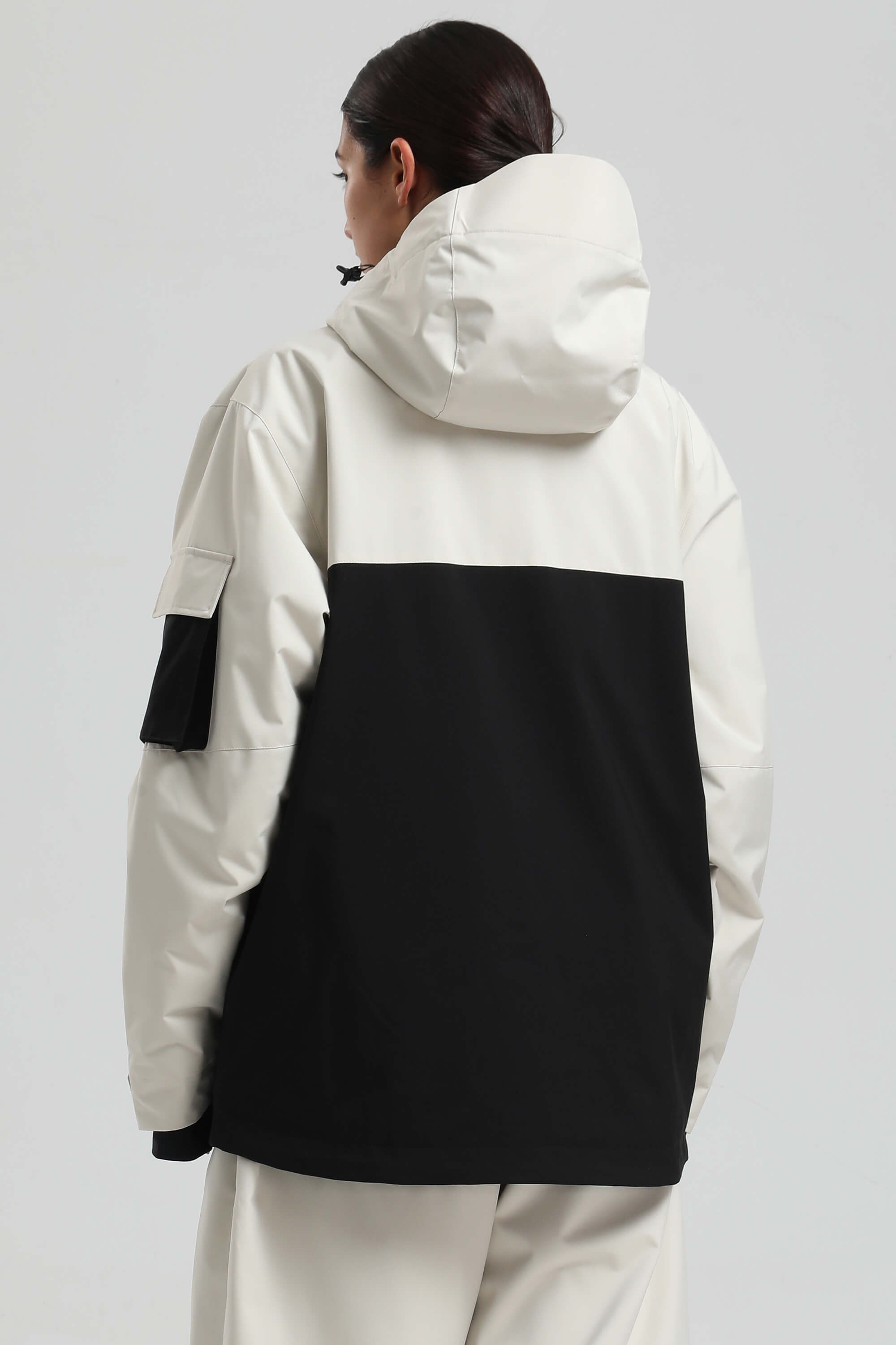 Women's White & Black Asym-Zip Snow Jacket Utility Pocket Waterproof Ski Jacket - Gsou Snow