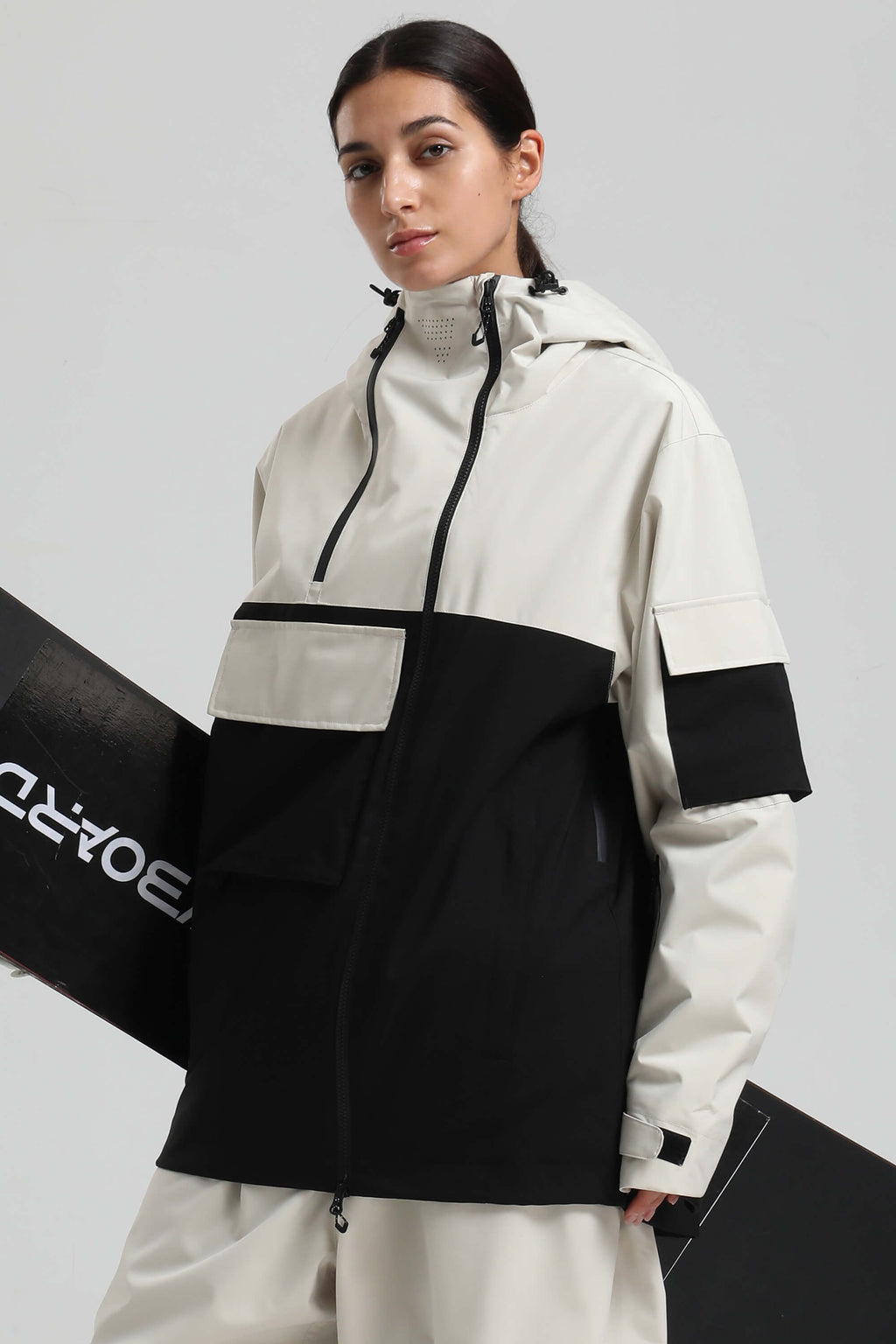 Women's White & Black Asym-Zip Snow Jacket Utility Pocket Waterproof Ski Jacket - Gsou Snow