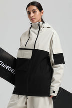 Women's White & Black Asym-Zip Snow Jacket Utility Pocket Waterproof Ski Jacket - Gsou Snow