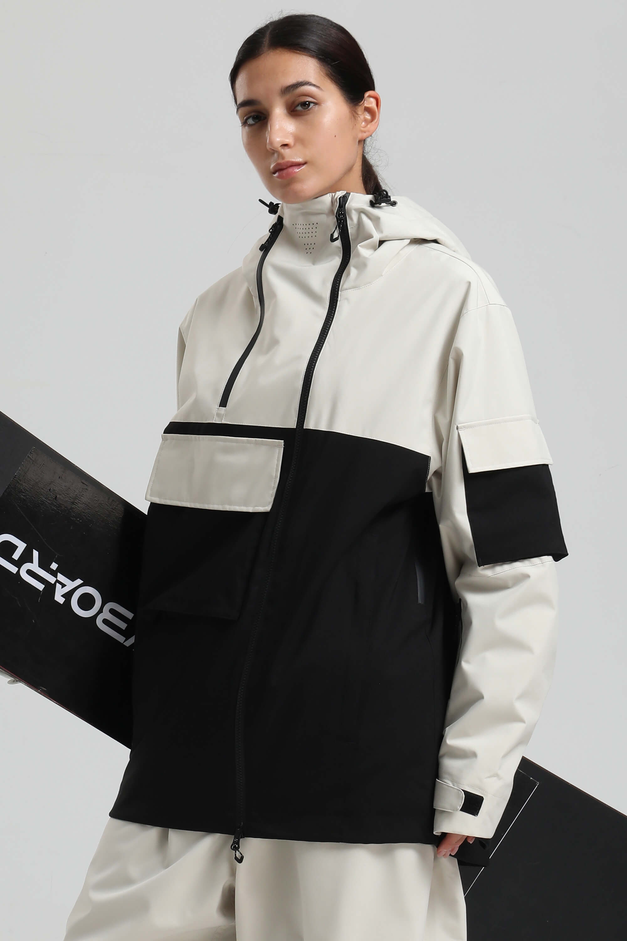 Women's White & Black Asym-Zip Snow Jacket Utility Pocket Waterproof Ski Jacket - Gsou Snow
