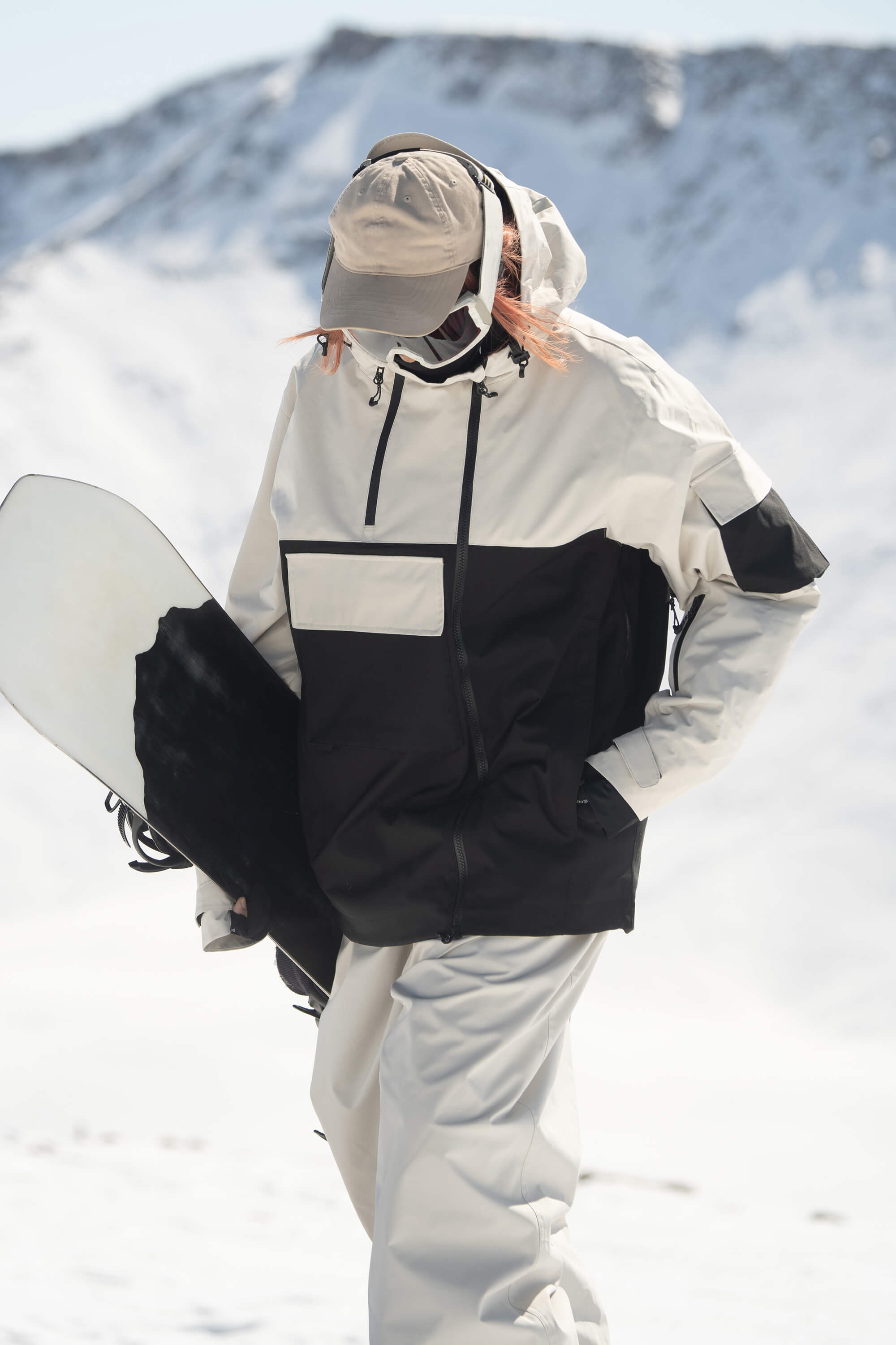 Women's White & Black Asym-Zip Multi-Pocket Ski Jacket Utility Waterproof Snow Jacket