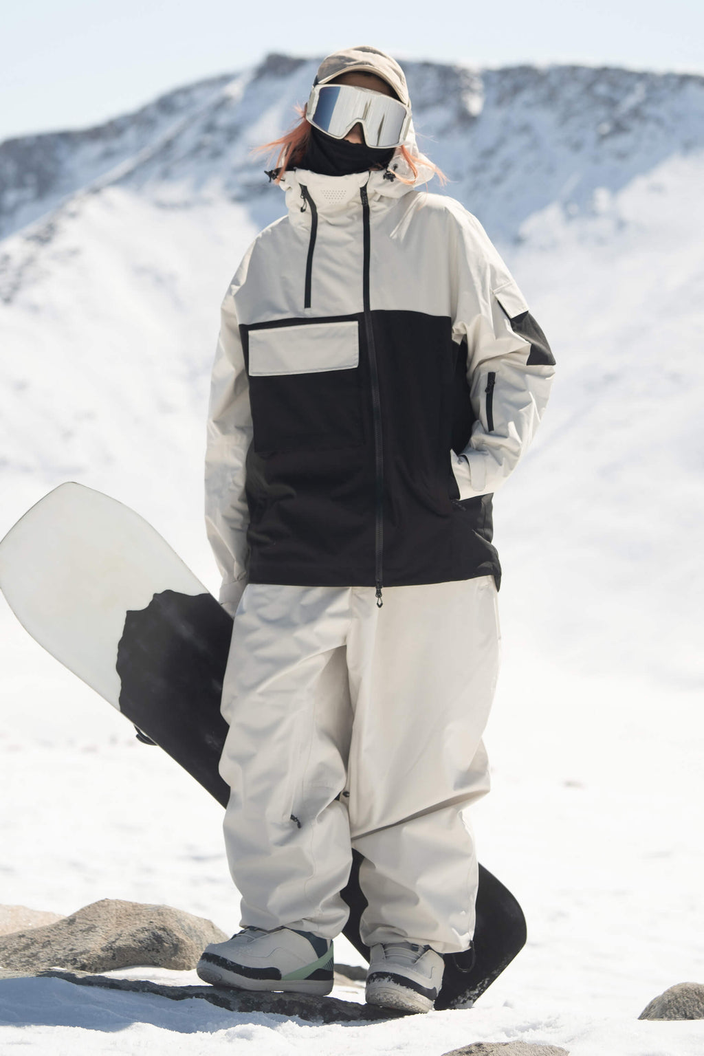 Women's Off White Asym-Zip Multi-Pocket Ski Jacket Utility Waterproof Snow Jacket