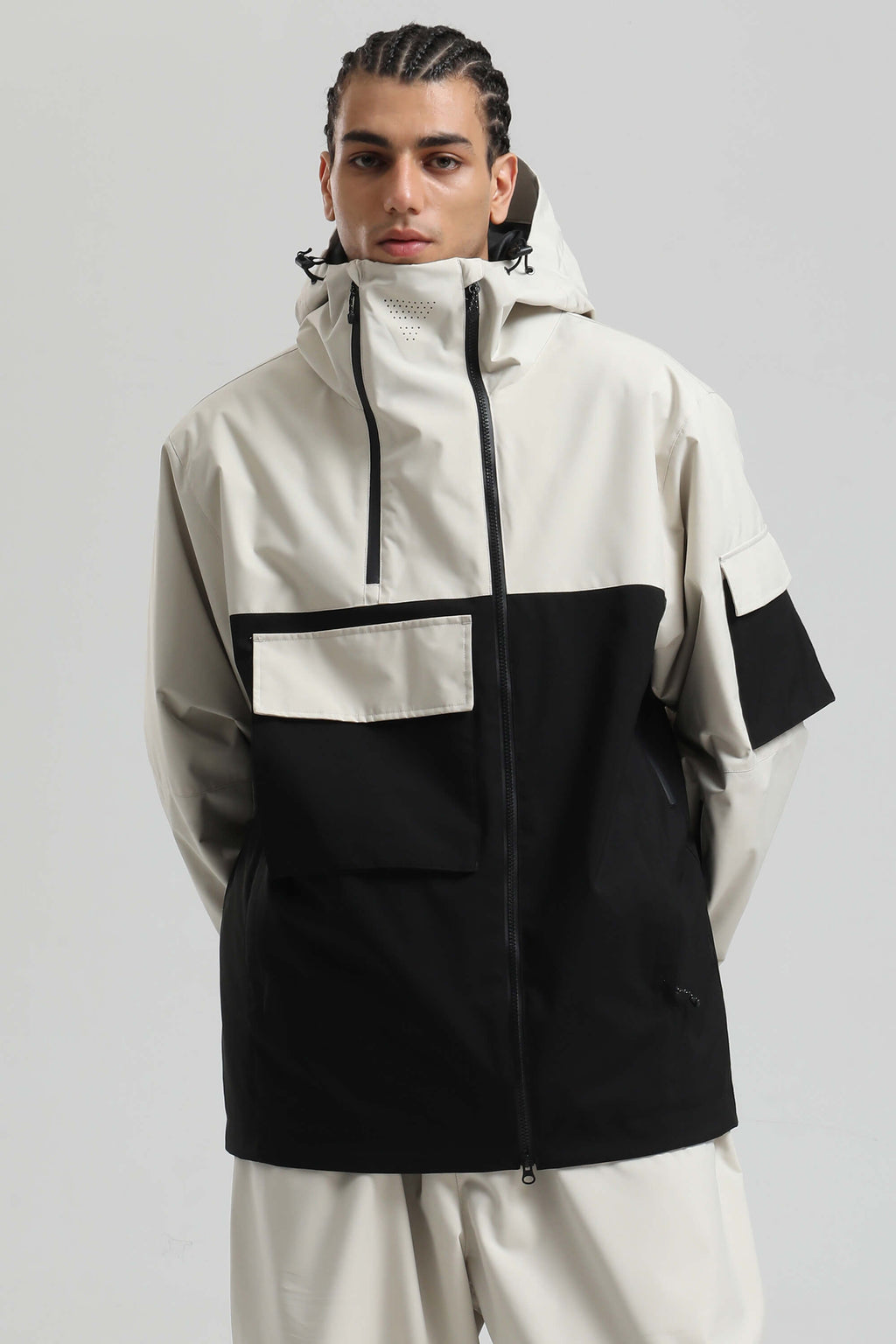 Men's White & Black Asym-Zip Multi-Pocket Ski Jacket Utility Waterproof Snow Jacket