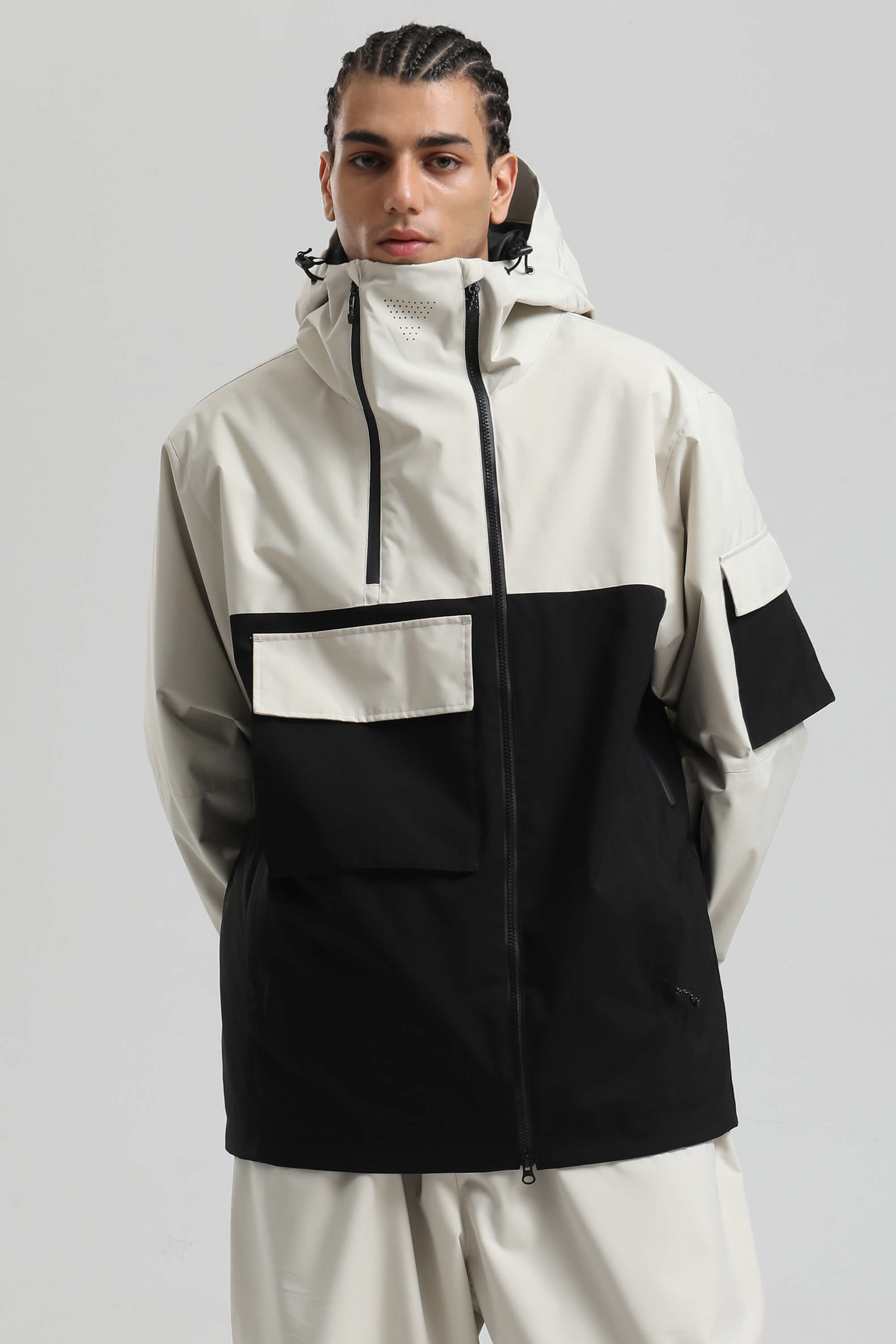 Men's Black & Grey Asym-Zip Multi-Pocket Ski Jacket Utility Waterproof Snow Jacket