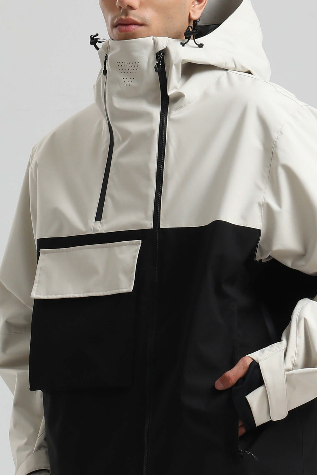 Men's White & Black Asym-Zip Snow Jacket Utility Pocket Waterproof Ski Jacket - Gsou Snow