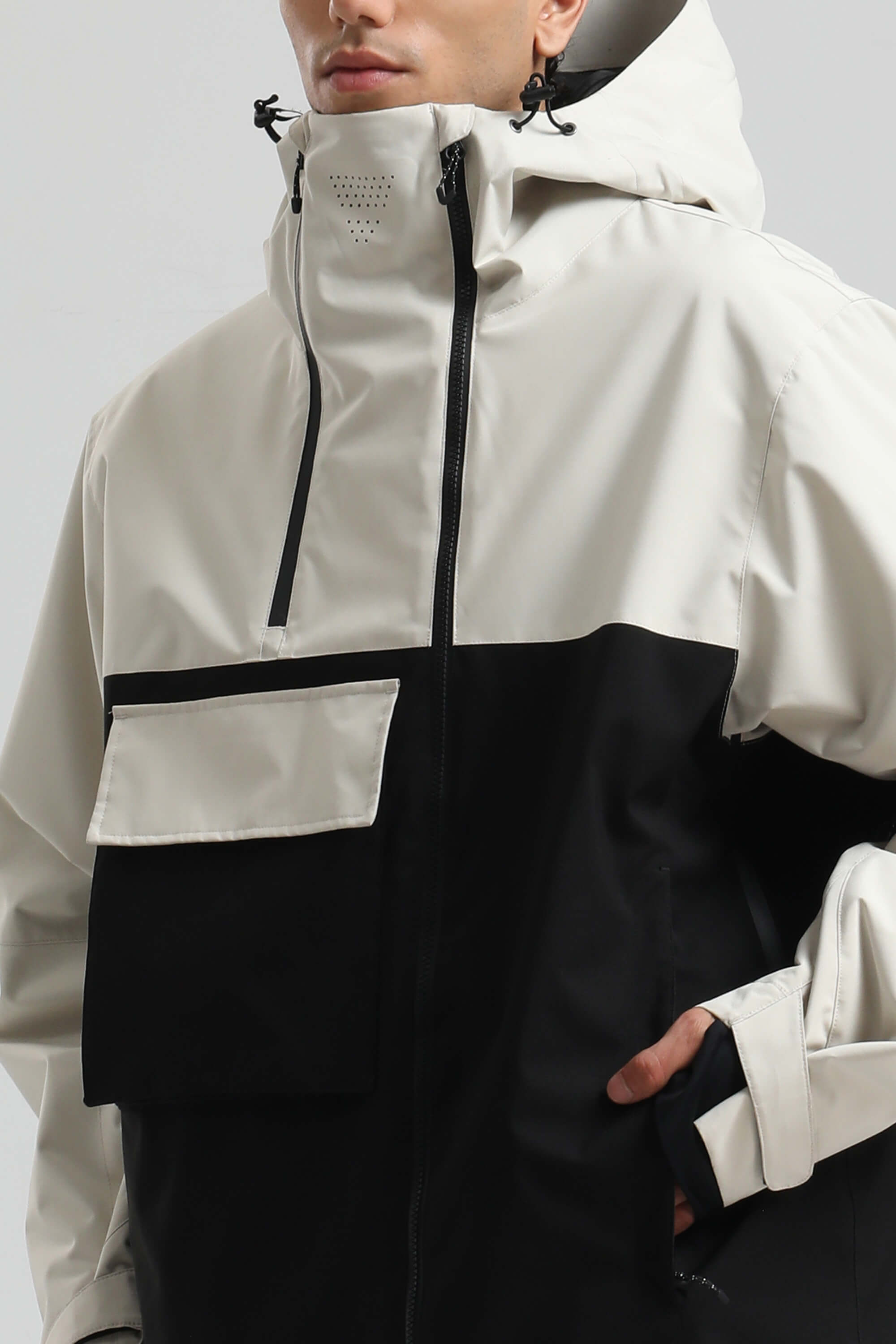 Men's White & Black Asym-Zip Multi-Pocket Ski Jacket Utility Waterproof Snow Jacket