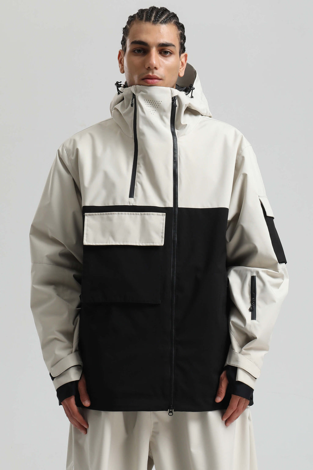 Men's White & Black Asym-Zip Snow Jacket Utility Pocket Waterproof Ski Jacket - Gsou Snow