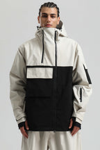 Men's White & Black Asym-Zip Snow Jacket Utility Pocket Waterproof Ski Jacket - Gsou Snow