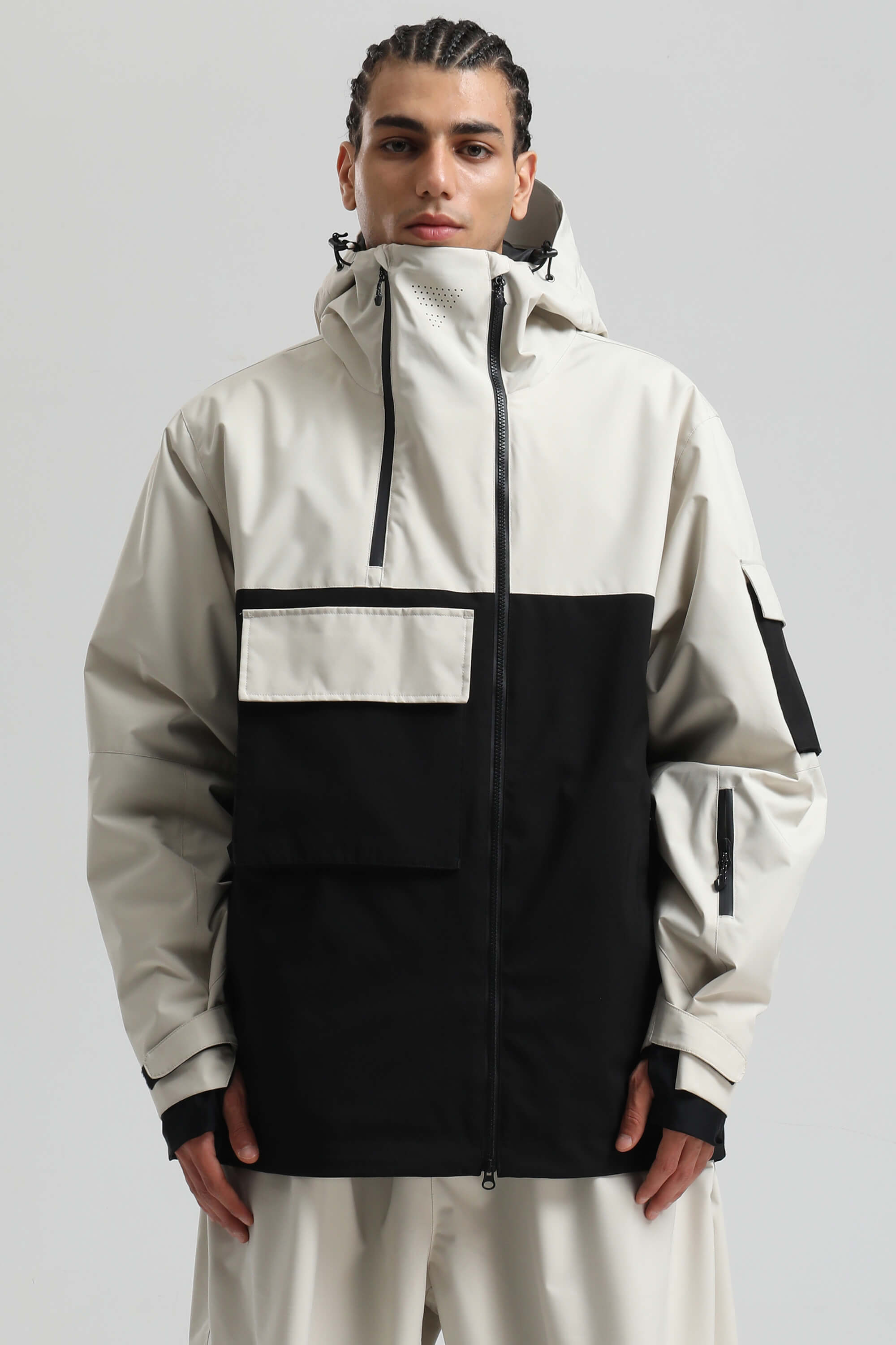 Men's White & Black Asym-Zip Snow Jacket Utility Pocket Waterproof Ski Jacket - Gsou Snow