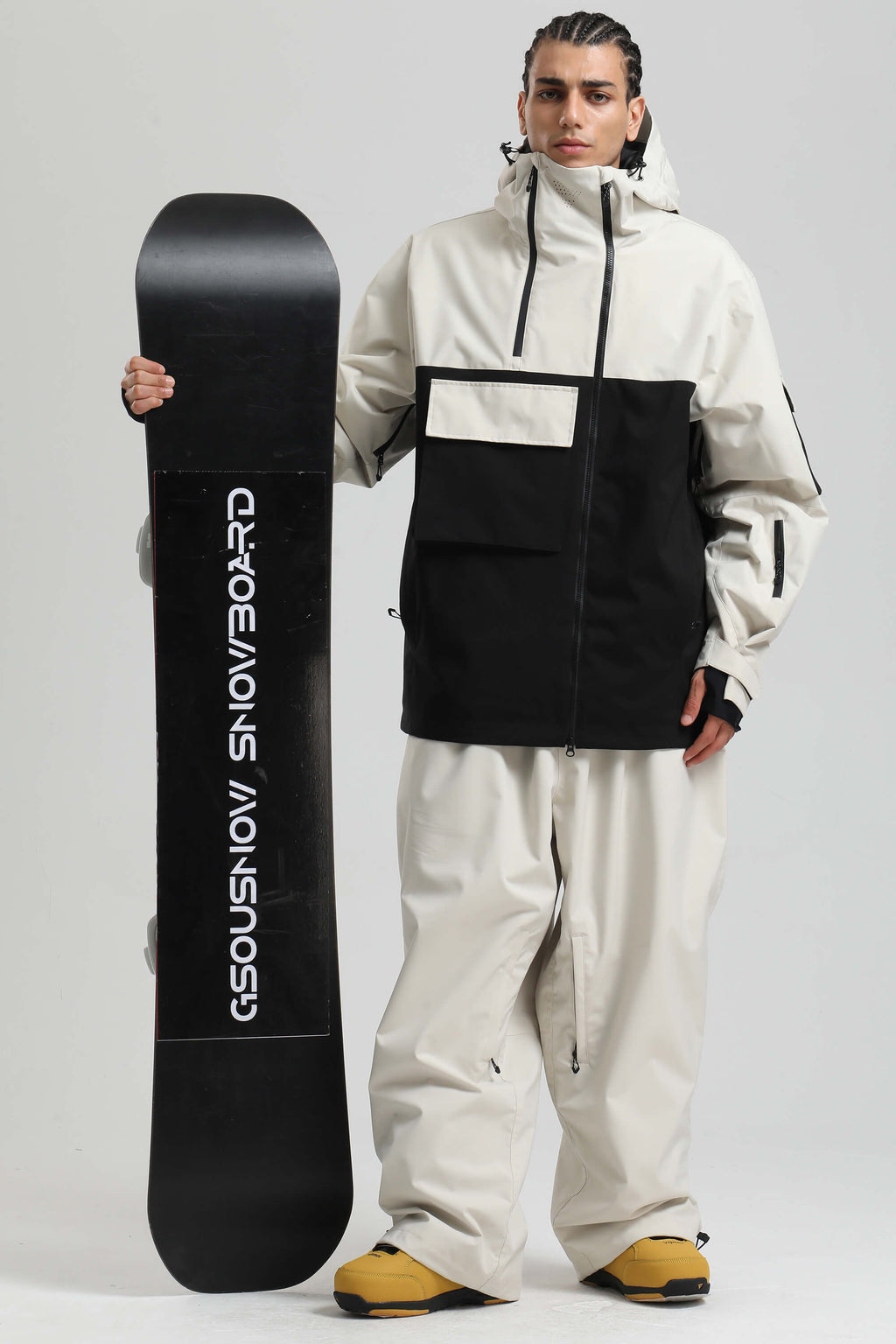 Men's White & Black Asym-Zip Snow Jacket Utility Pocket Waterproof Ski Jacket - Gsou Snow