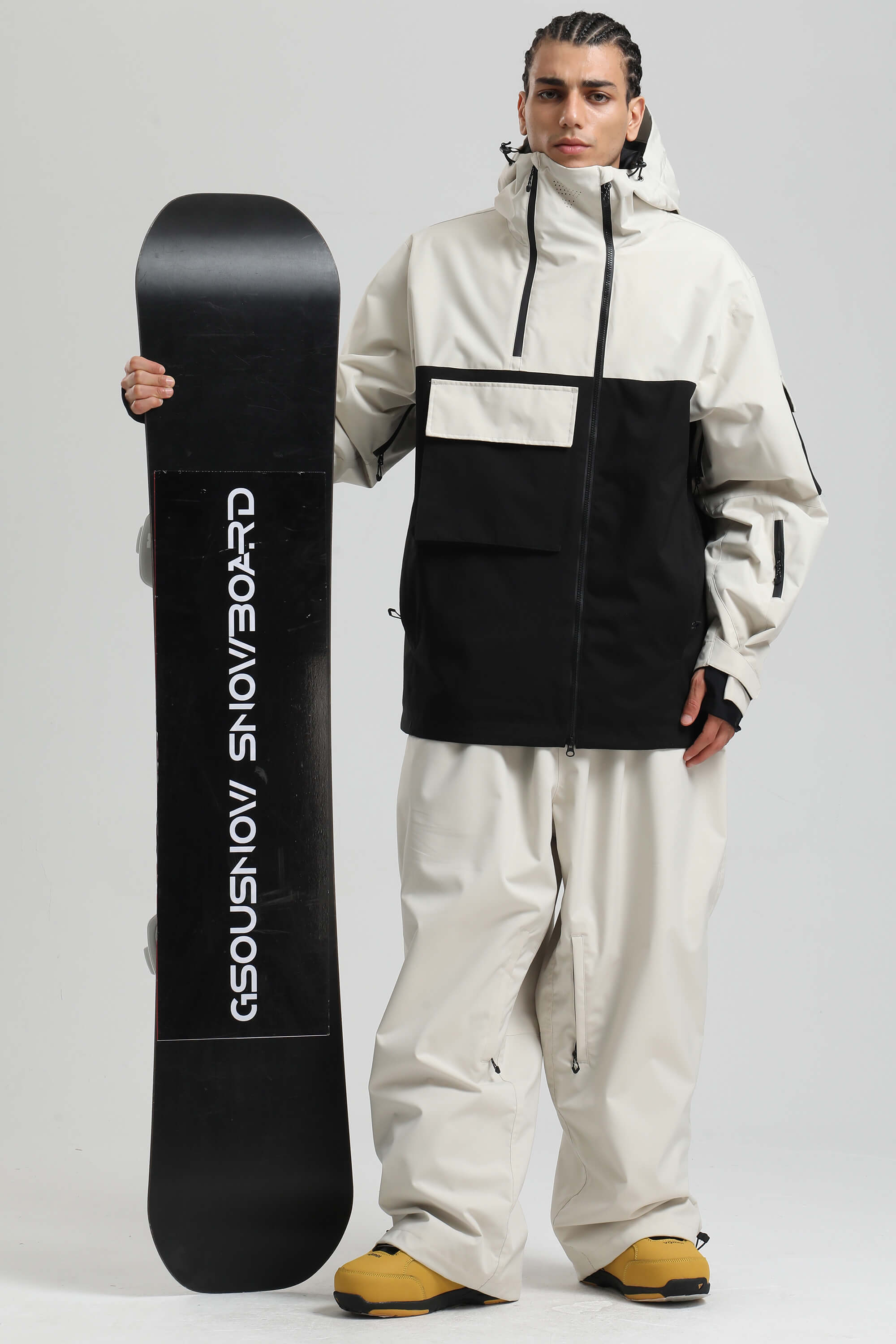 Men's White & Black Asym-Zip Snow Jacket Utility Pocket Waterproof Ski Jacket - Gsou Snow