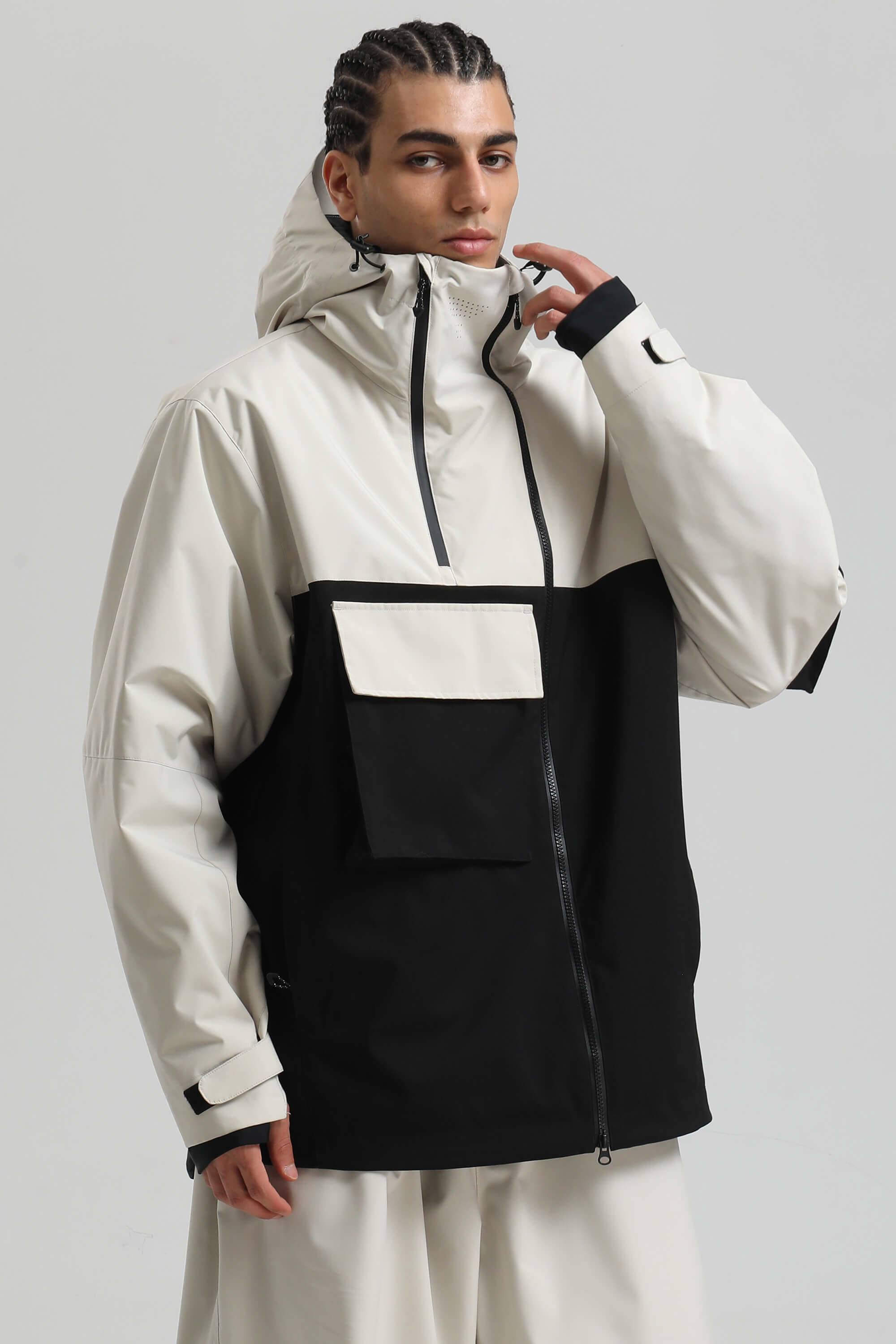 Men's Khaki & White Asym-Zip Multi-Pocket Ski Jacket Utility Waterproof Snow Jacket