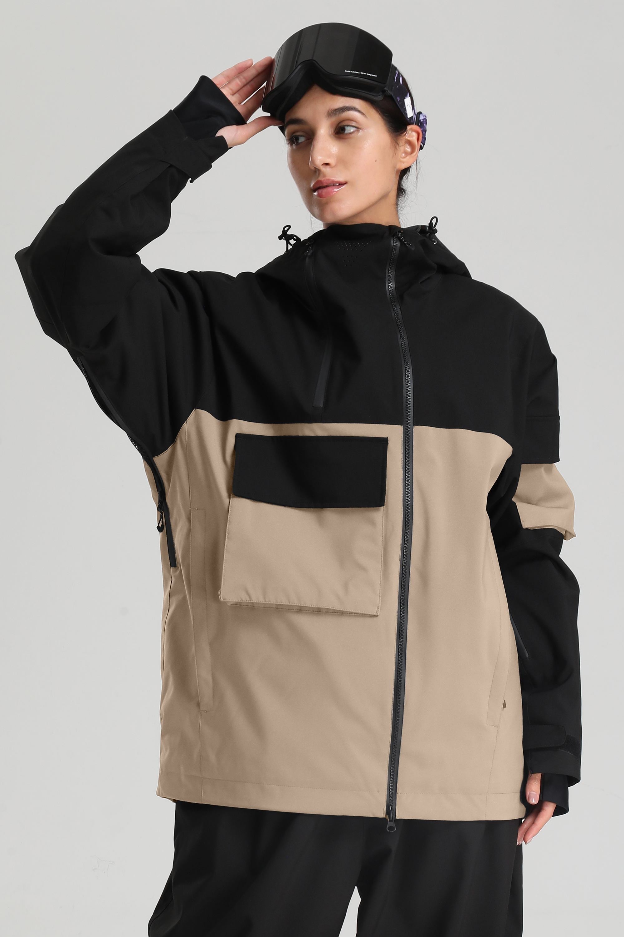 Women's Black & Khaki Asym-Zip Snow Jacket Utility Pocket Waterproof Ski Jacket - Gsou Snow