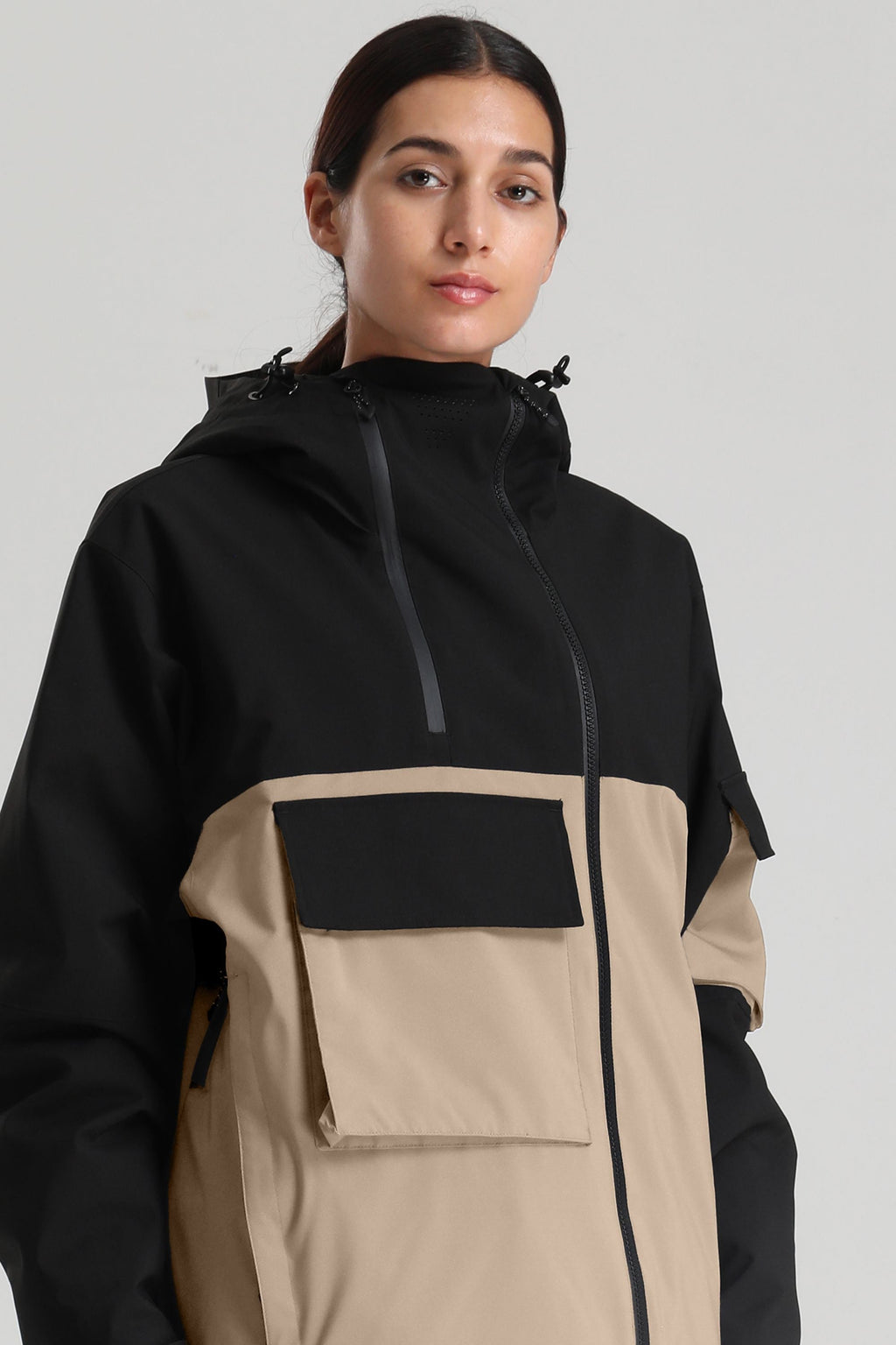 Women's Black & Khaki Asym-Zip Snow Jacket Utility Pocket Waterproof Ski Jacket - Gsou Snow