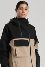 Women's Black & Khaki Asym-Zip Snow Jacket Utility Pocket Waterproof Ski Jacket - Gsou Snow