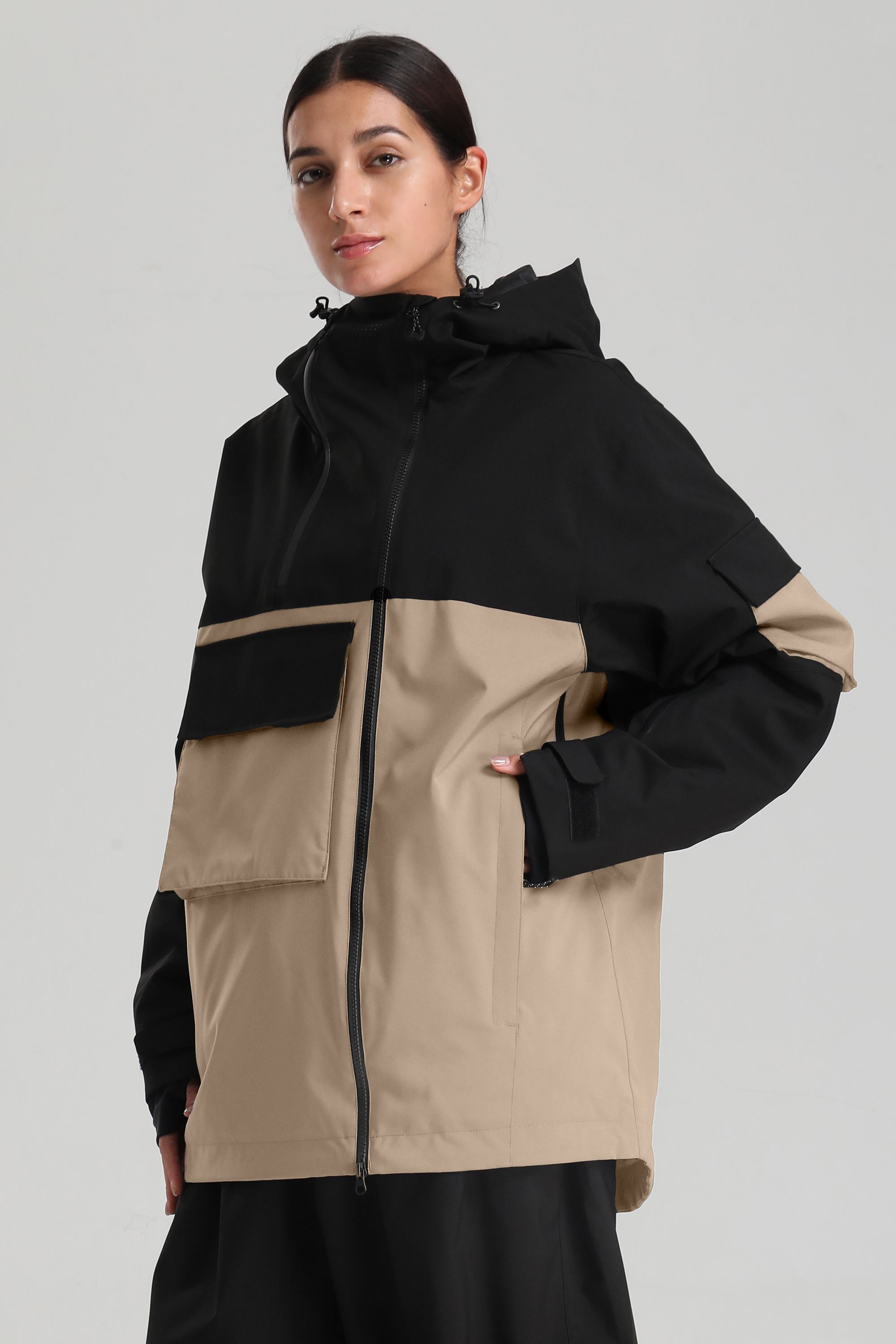 Women's Black & Khaki Asym-Zip Snow Jacket Utility Pocket Waterproof Ski Jacket - Gsou Snow