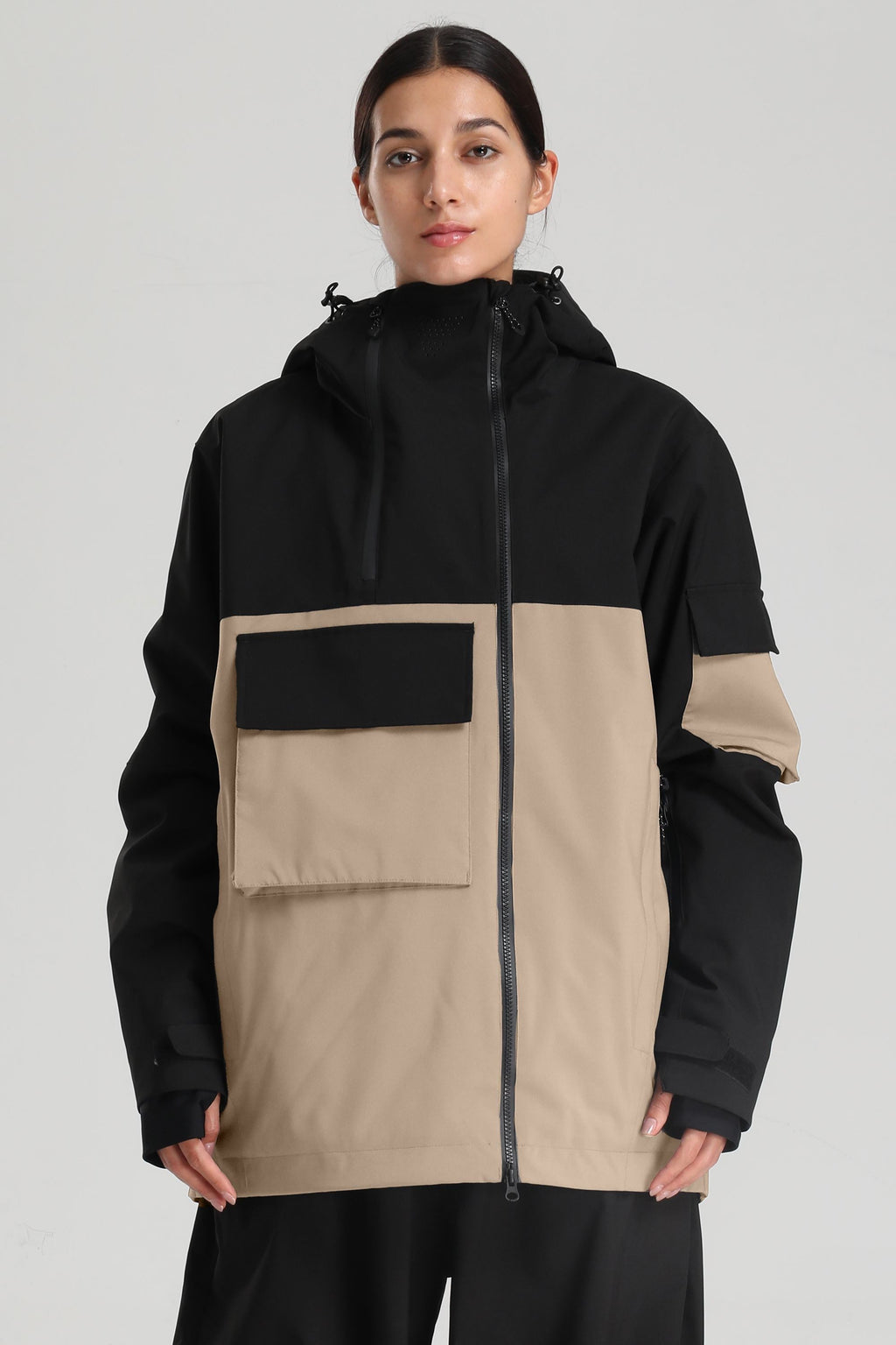 Women's Black & Khaki Asym-Zip Snow Jacket Utility Pocket Waterproof Ski Jacket - Gsou Snow