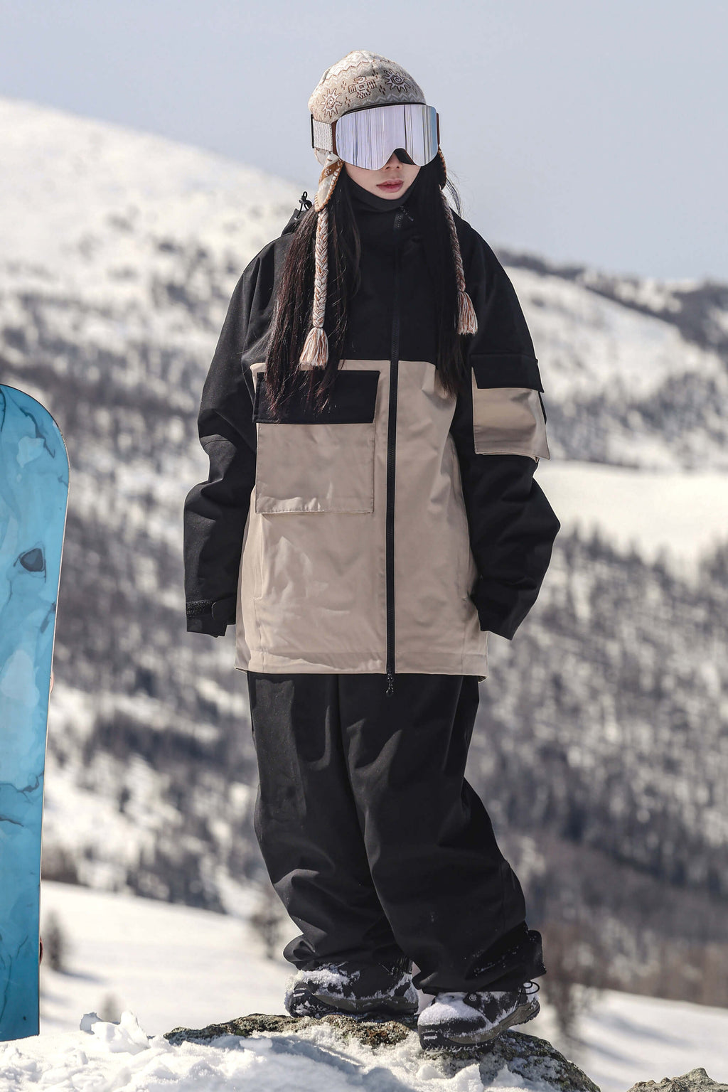 Women's Off White Asym-Zip Multi-Pocket Ski Jacket Utility Waterproof Snow Jacket