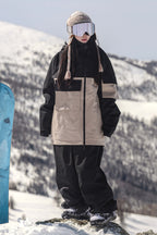 Women's Khaki & White Asym-Zip Multi-Pocket Ski Jacket Utility Waterproof Snow Jacket