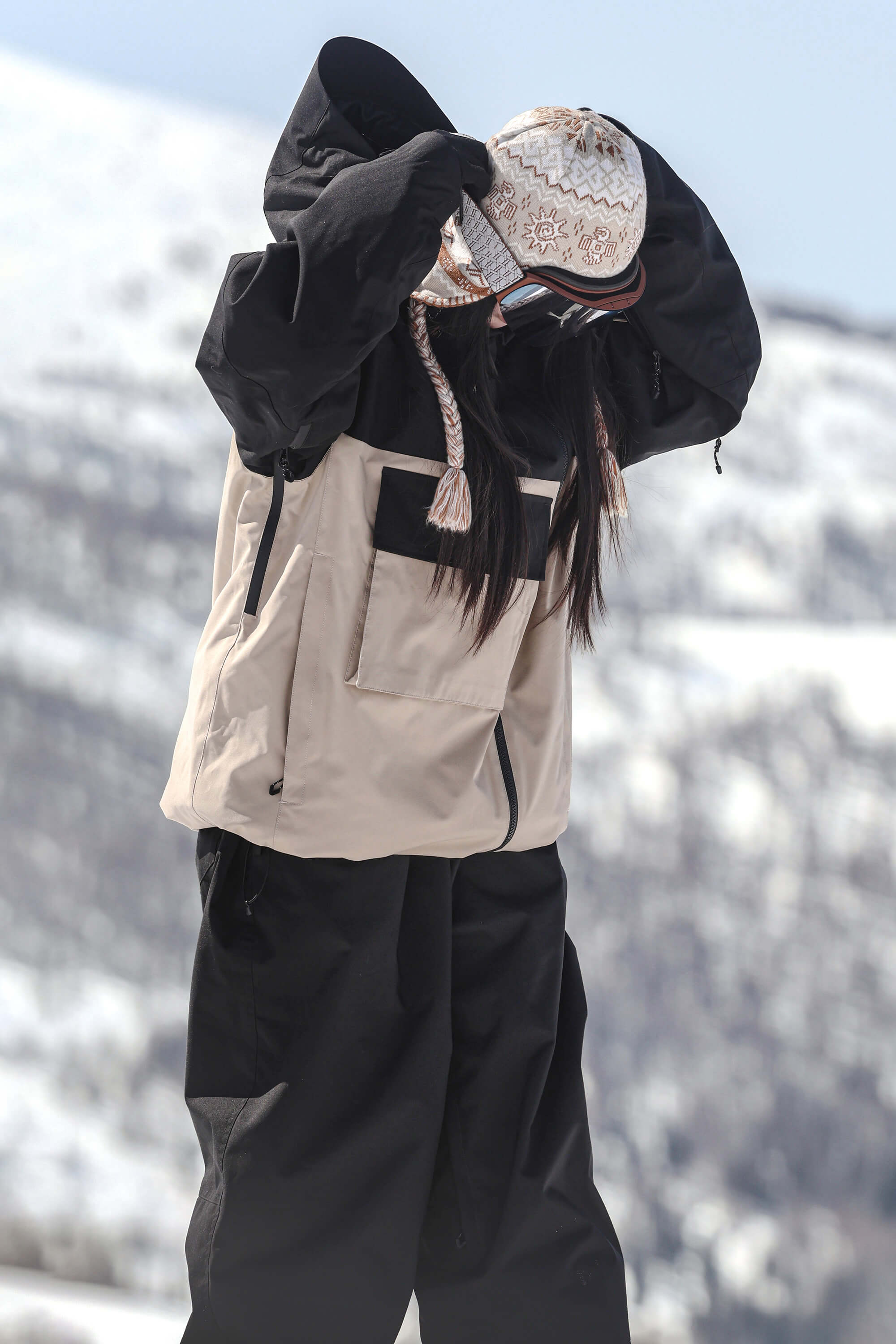 Women's Black & Khaki Asym-Zip Multi-Pocket Ski Jacket Utility Waterproof Snow Jacket