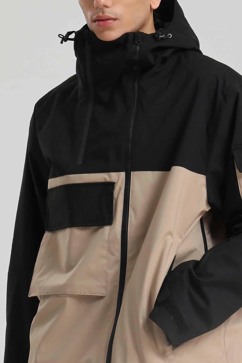 Men's Black & Khaki Asym-Zip Snow Jacket Utility Pocket Waterproof Ski Jacket - Gsou Snow