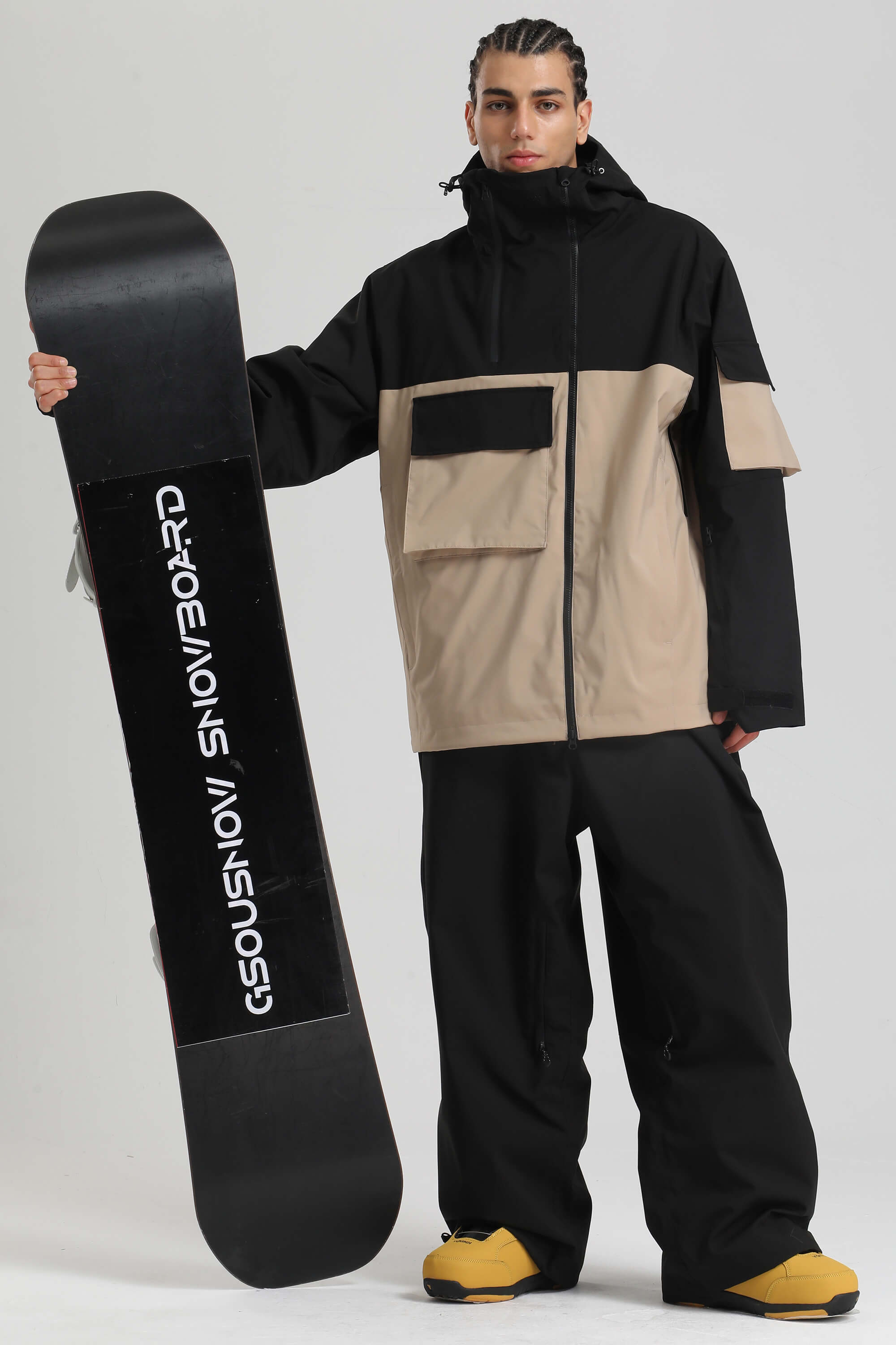 Men's Black & Khaki Asym-Zip Snow Jacket Utility Pocket Waterproof Ski Jacket - Gsou Snow