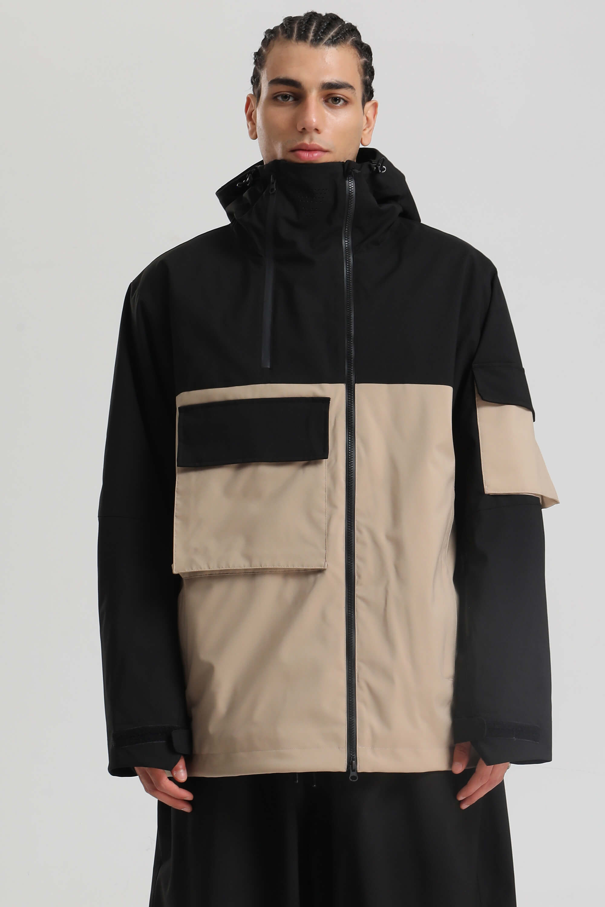 Men's Green & Black Asym-Zip Multi-Pocket Ski Jacket Utility Waterproof Snow Jacket