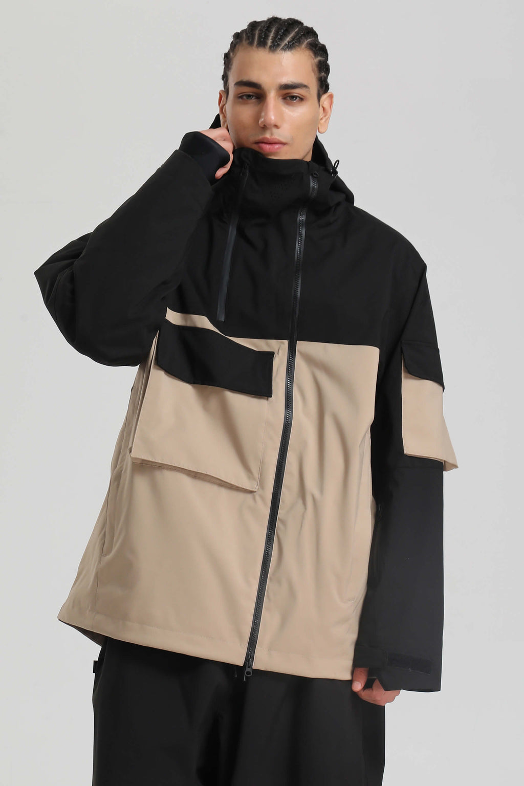 Men's Black & Khaki Asym-Zip Snow Jacket Utility Pocket Waterproof Ski Jacket - Gsou Snow