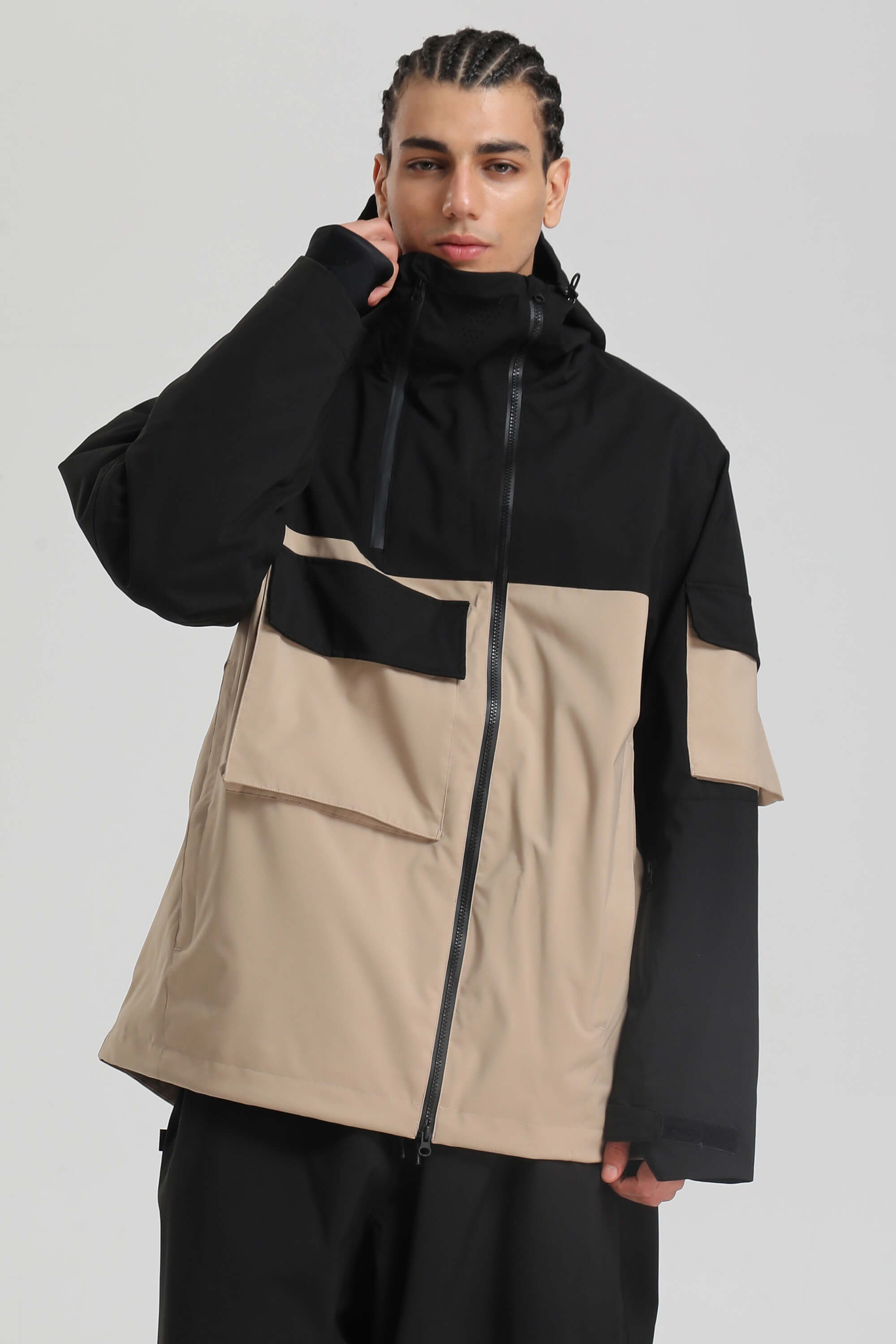 Men's Black & Khaki Asym-Zip Snow Jacket Utility Pocket Waterproof Ski Jacket - Gsou Snow