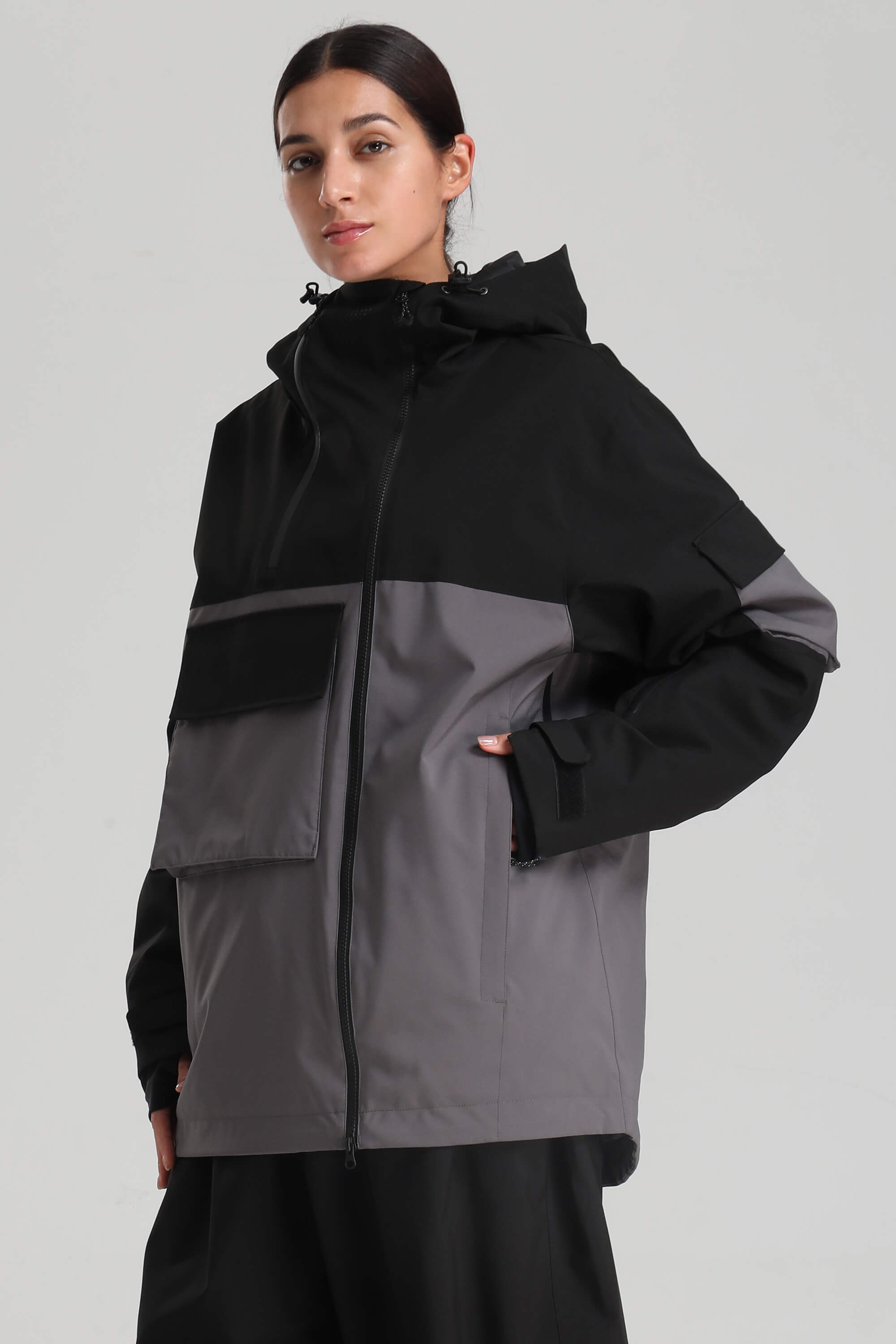 Women's Black & Coffee Asym-Zip Snow Jacket Utility Pocket Waterproof Ski Jacket - Gsou Snow