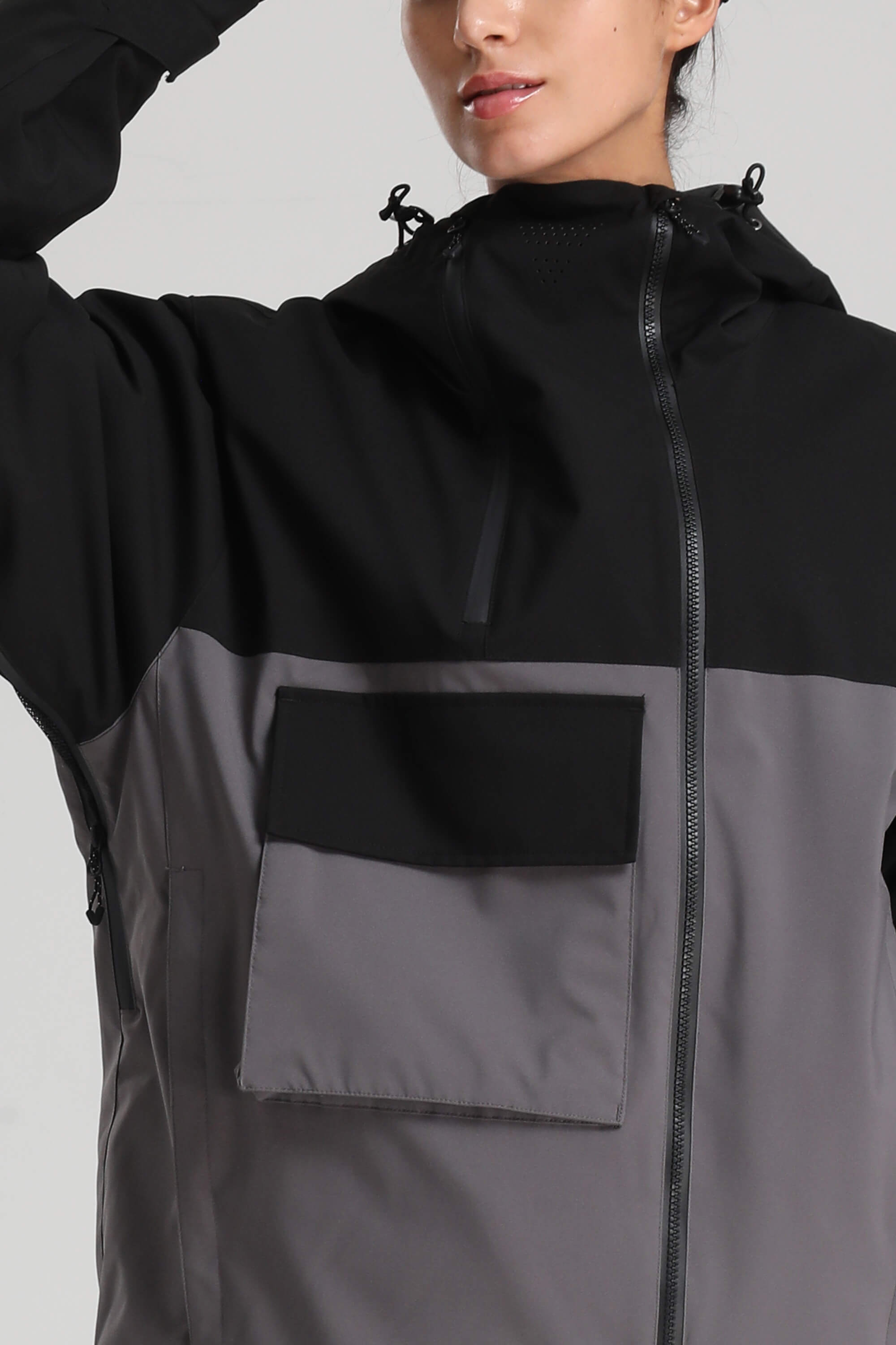 Women's Black & Grey Asym-Zip Multi-Pocket Ski Jacket Utility Waterproof Snow Jacket