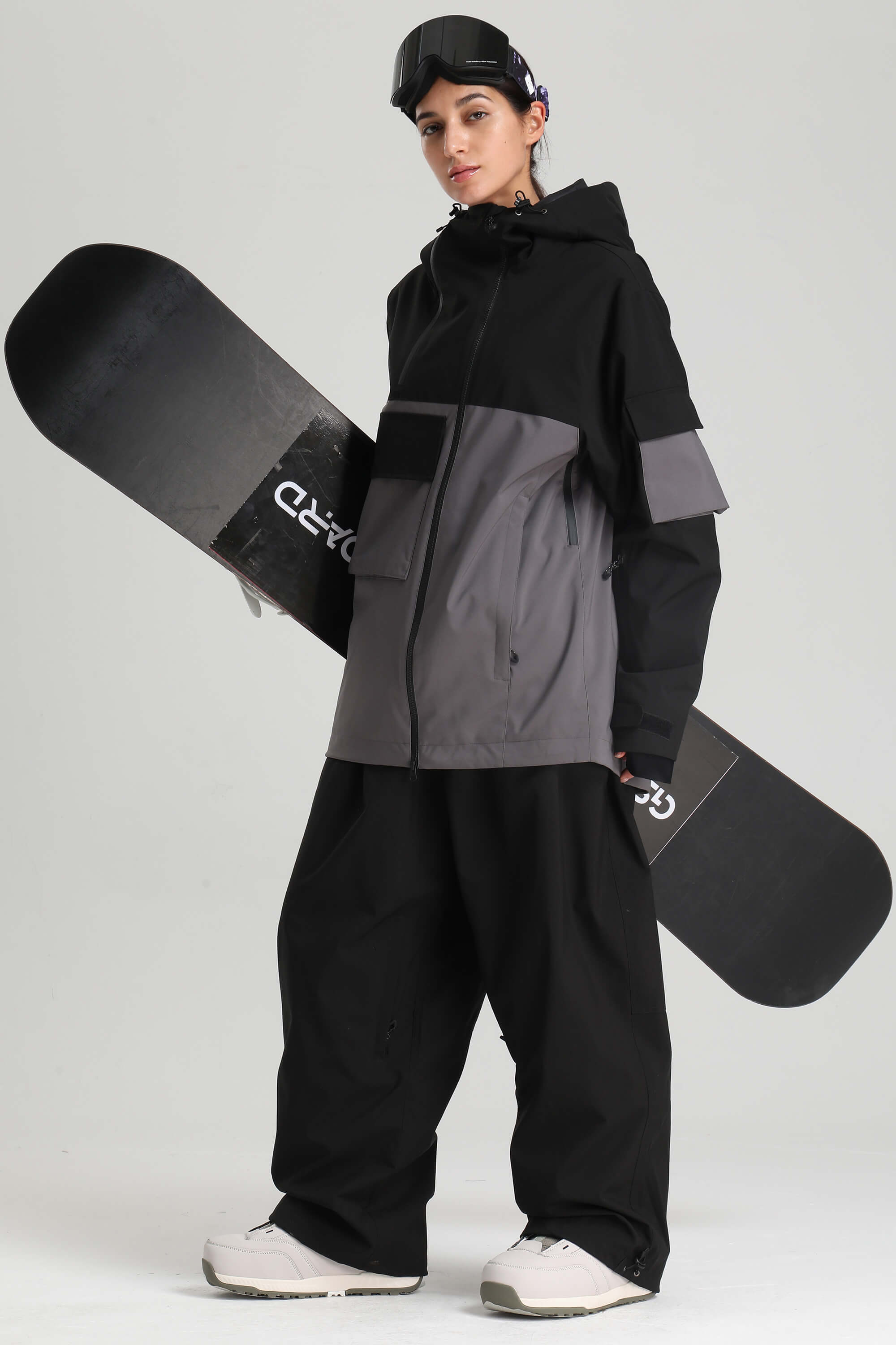 Women's Black & Grey Asym-Zip Snow Jacket Utility Pocket Waterproof Ski Jacket - Gsou Snow