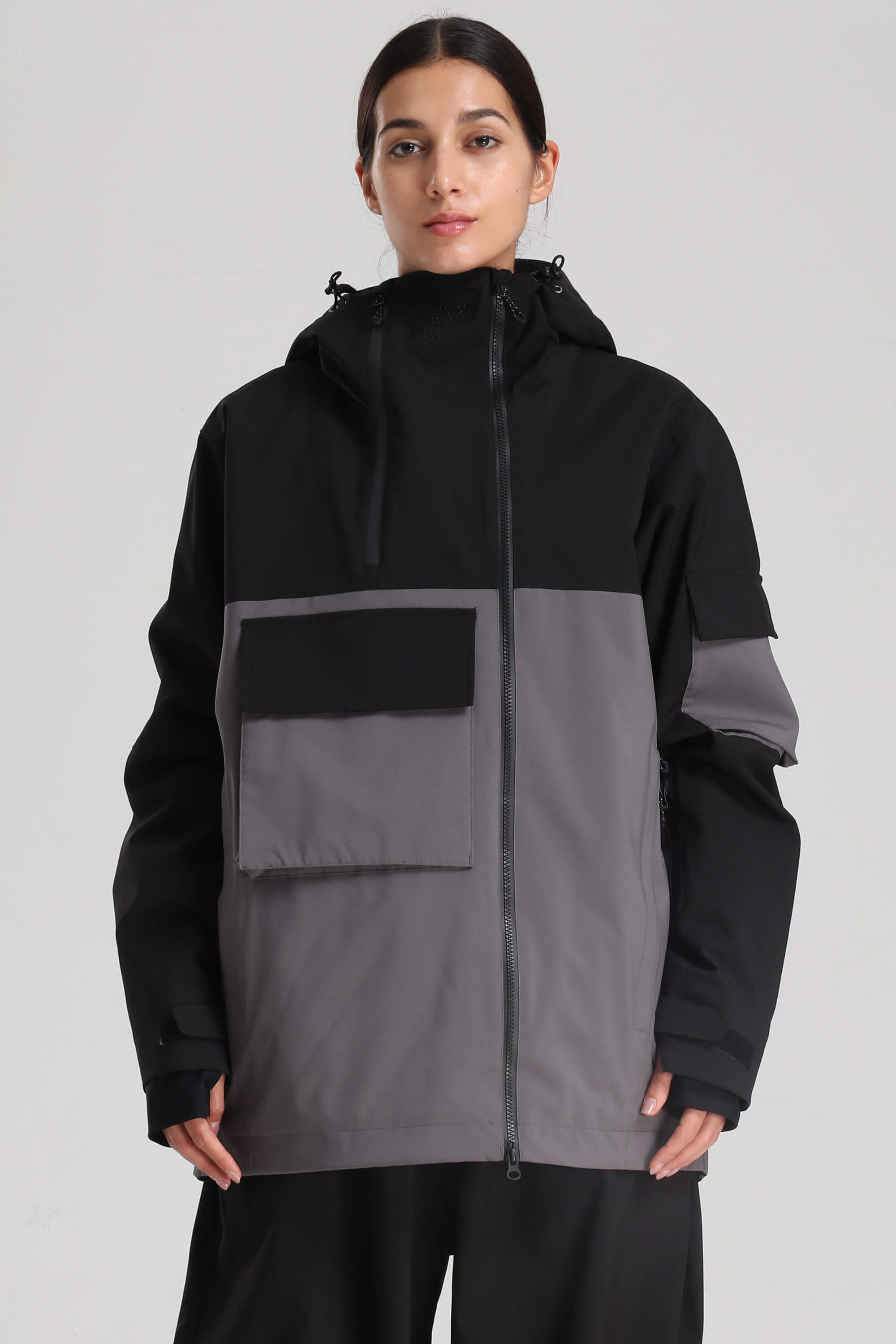 Women's Black Asym-Zip Multi-Pocket Ski Jacket Utility Waterproof Snow Jacket