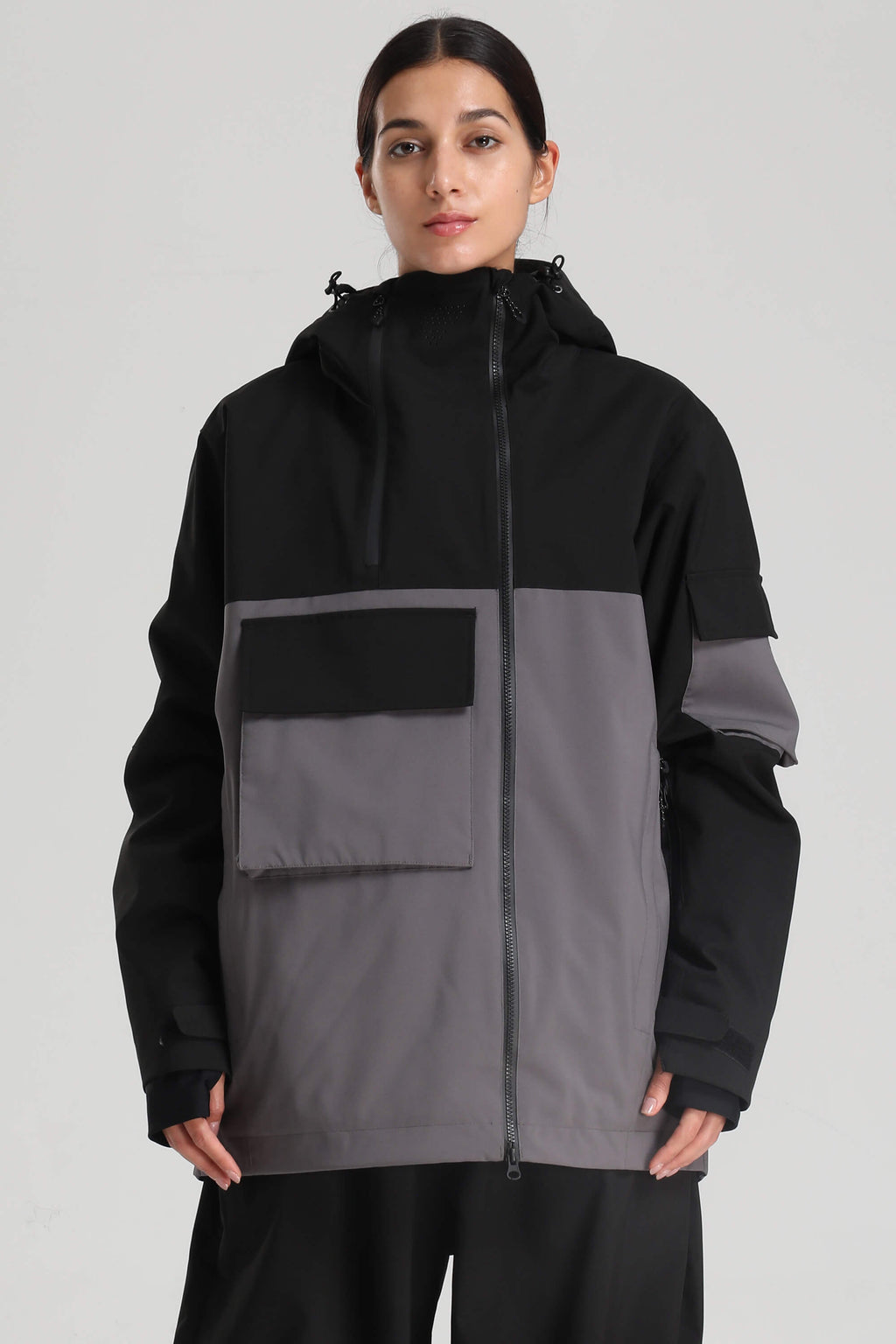 Women's Black & Coffee Asym-Zip Multi-Pocket Ski Jacket Utility Waterproof Snow Jacket