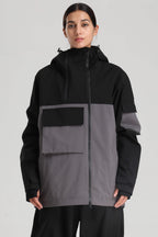 Women's Black & Coffee Asym-Zip Multi-Pocket Ski Jacket Utility Waterproof Snow Jacket