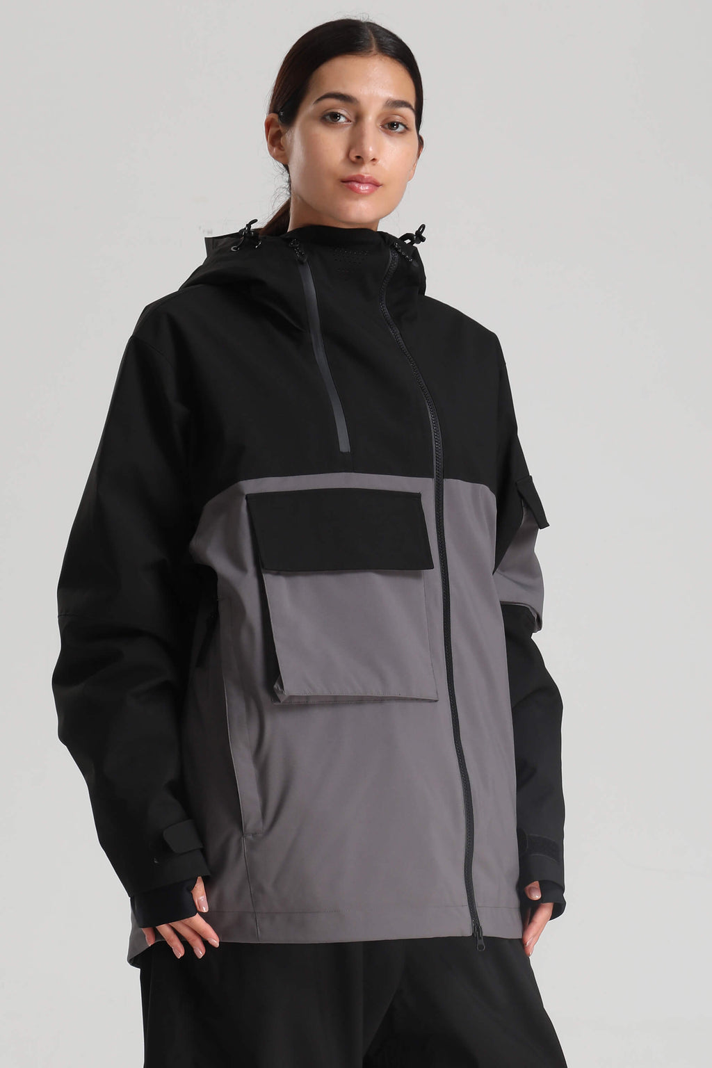 Women's Black & Grey Asym-Zip Snow Jacket Utility Pocket Waterproof Ski Jacket - Gsou Snow
