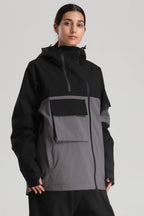 Women's Black & Grey Asym-Zip Snow Jacket Utility Pocket Waterproof Ski Jacket - Gsou Snow