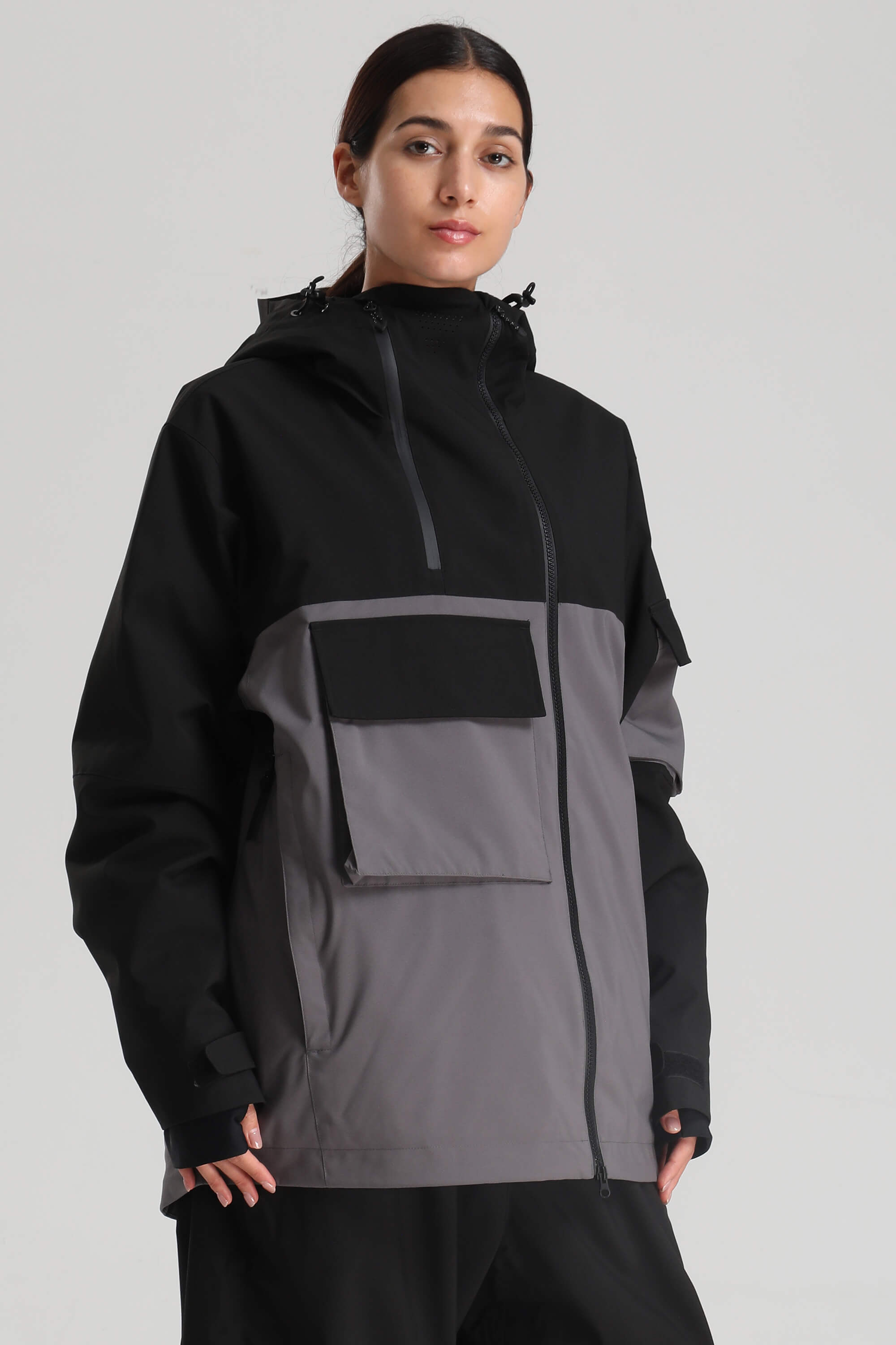 Women's Black & Grey Asym-Zip Snow Jacket Utility Pocket Waterproof Ski Jacket - Gsou Snow