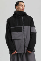 Men's Black & Coffee Asym-Zip Multi-Pocket Ski Jacket Utility Waterproof Snow Jacket
