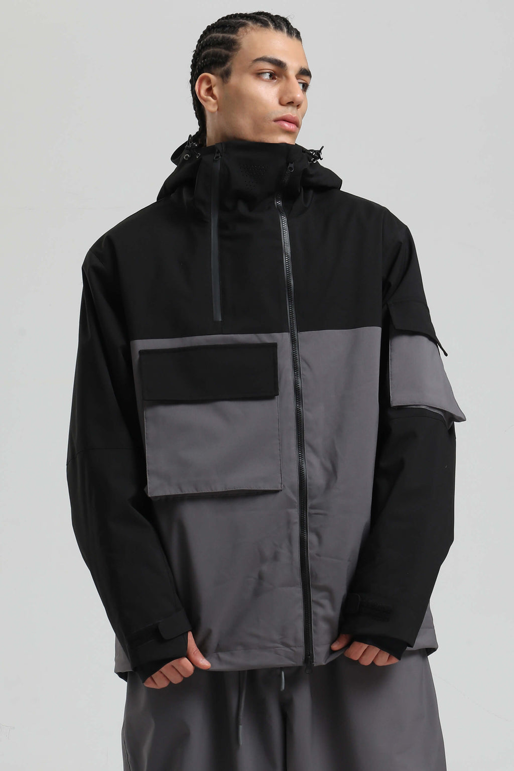 Men's Black & Grey Asym-Zip Multi-Pocket Ski Jacket Utility Waterproof Snow Jacket