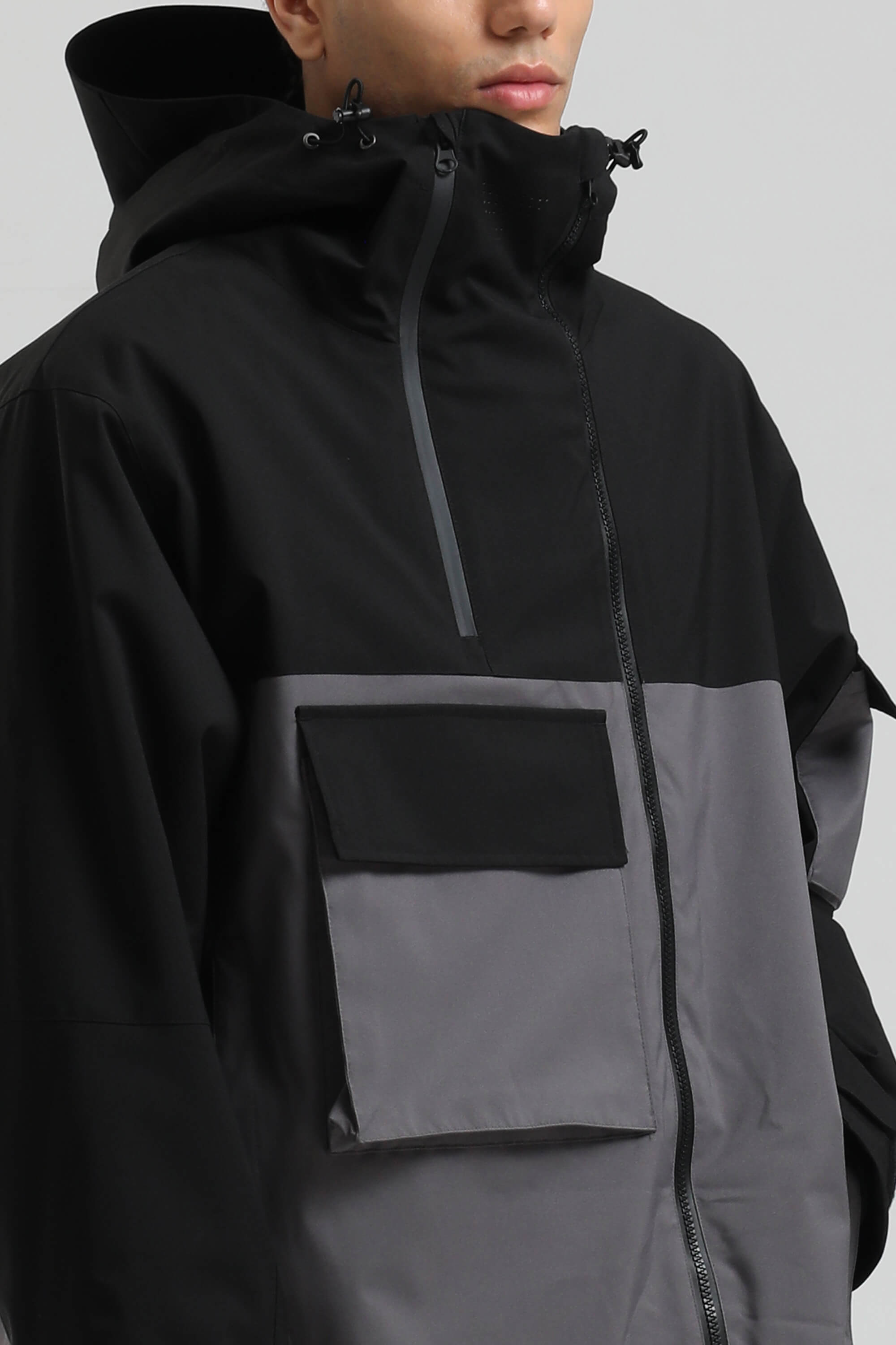 Men's Black & Grey Asym-Zip Multi-Pocket Ski Jacket Utility Waterproof Snow Jacket
