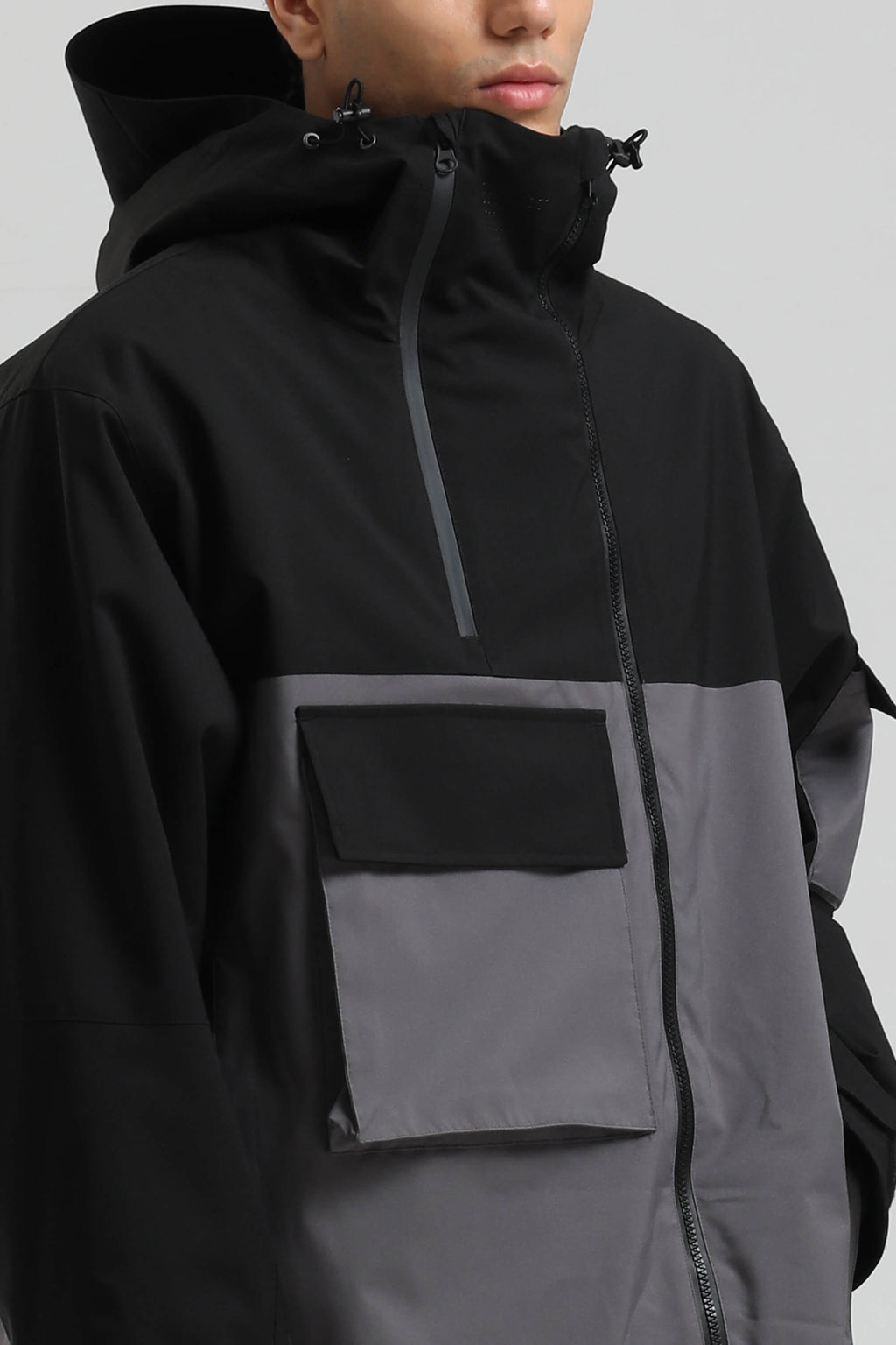 Men's Black & Grey Asym-Zip Snow Jacket Utility Pocket Waterproof Ski Jacket - Gsou Snow