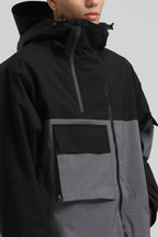 Men's Black & Grey Asym-Zip Snow Jacket Utility Pocket Waterproof Ski Jacket - Gsou Snow