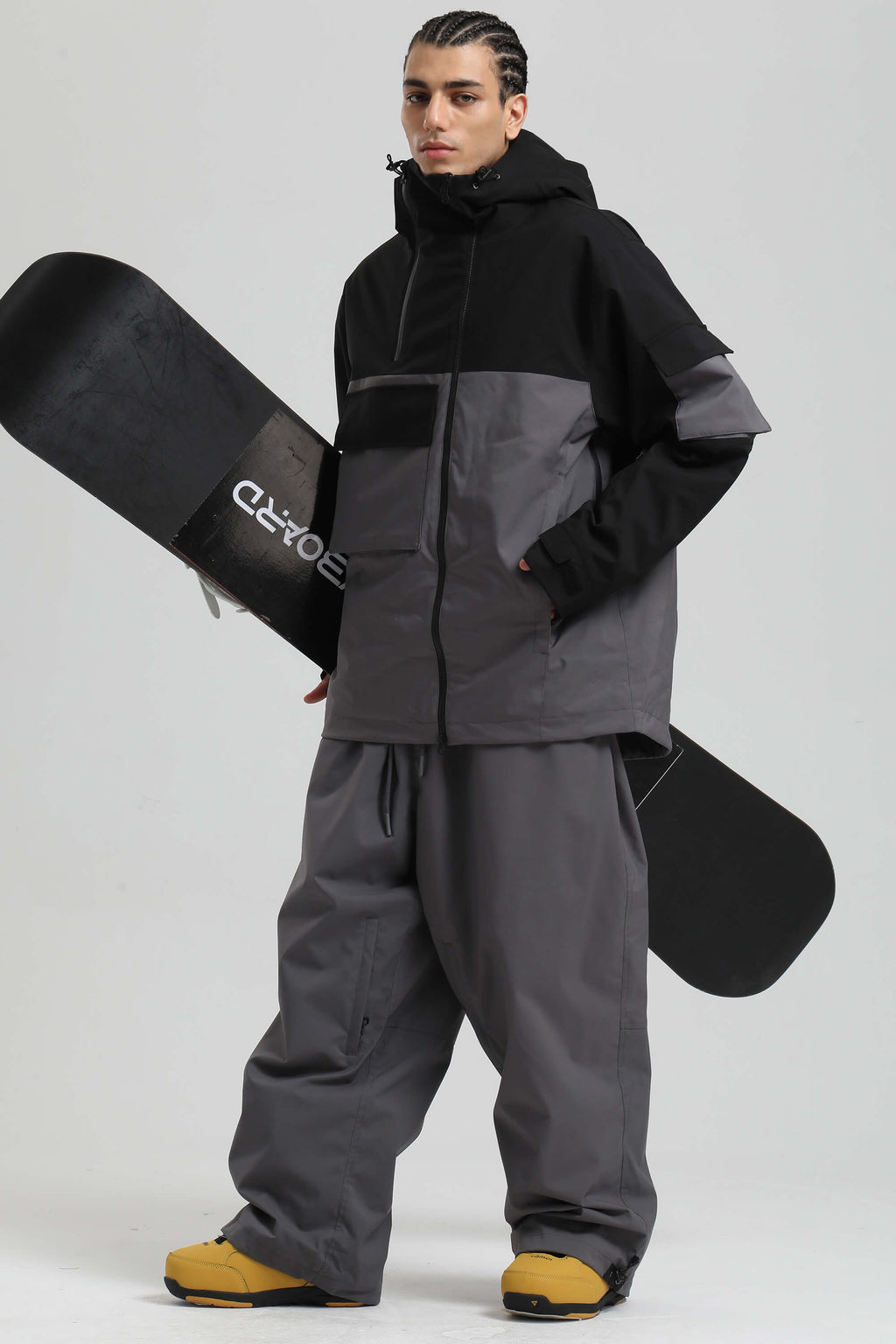 Men's Black & Grey Asym-Zip Snow Jacket Utility Pocket Waterproof Ski Jacket - Gsou Snow