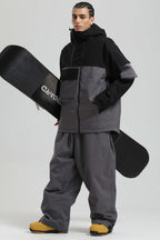 Men's Black & Grey Asym-Zip Snow Jacket Utility Pocket Waterproof Ski Jacket - Gsou Snow