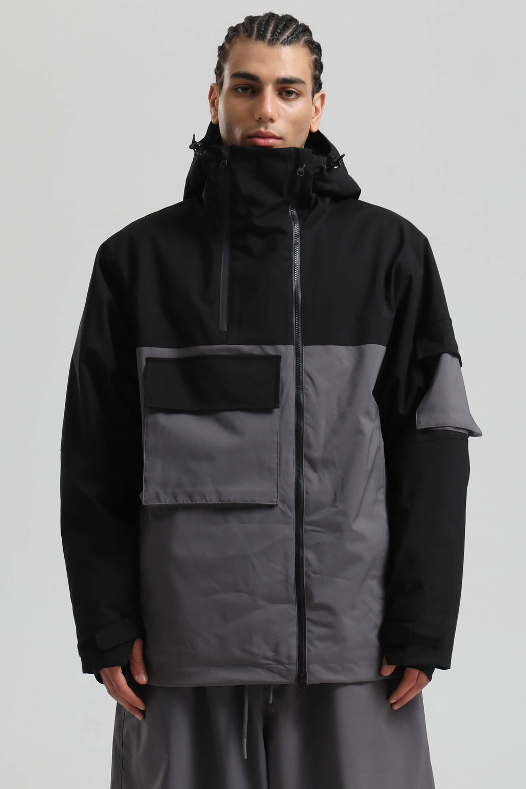 Men's Black & Grey Asym-Zip Snow Jacket Utility Pocket Waterproof Ski Jacket - Gsou Snow
