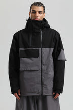 Men's Black & Grey Asym-Zip Snow Jacket Utility Pocket Waterproof Ski Jacket - Gsou Snow